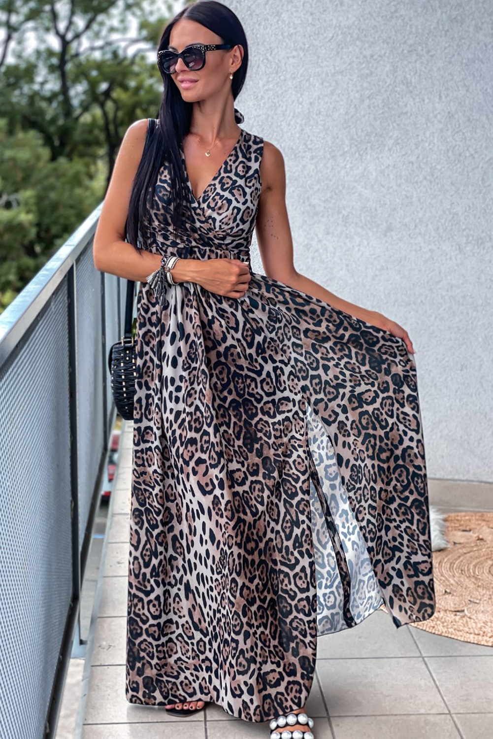 Wrap V Neck Hollow-Out Back Leopard Maxi Dress