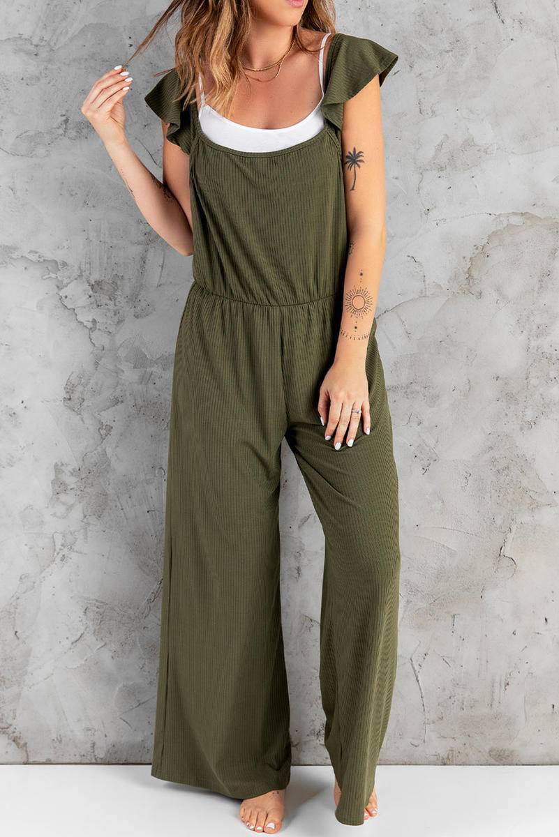 Ruffle Sleeves Ribbed Knit Wide Leg Jumpsuit