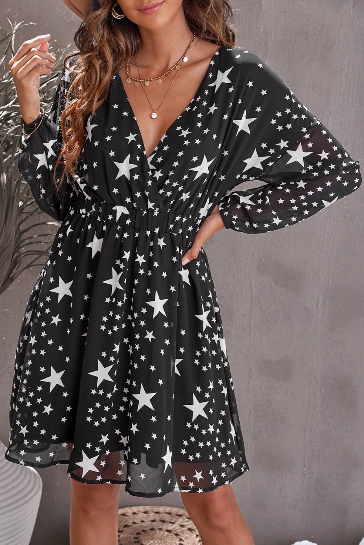 V Neck Star Pattern Tunic Dress
