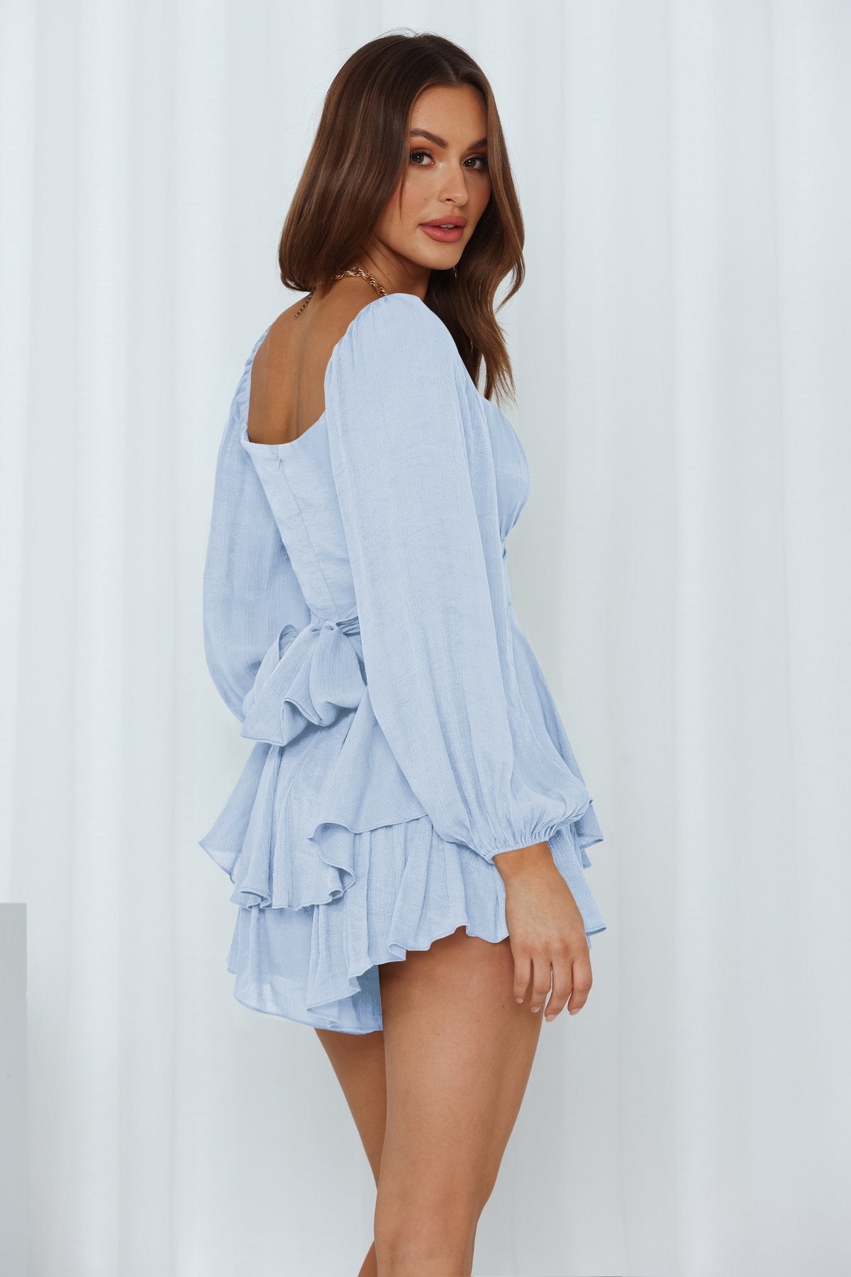 Solid Balloon Sleeve Back Tie Tiered Romper