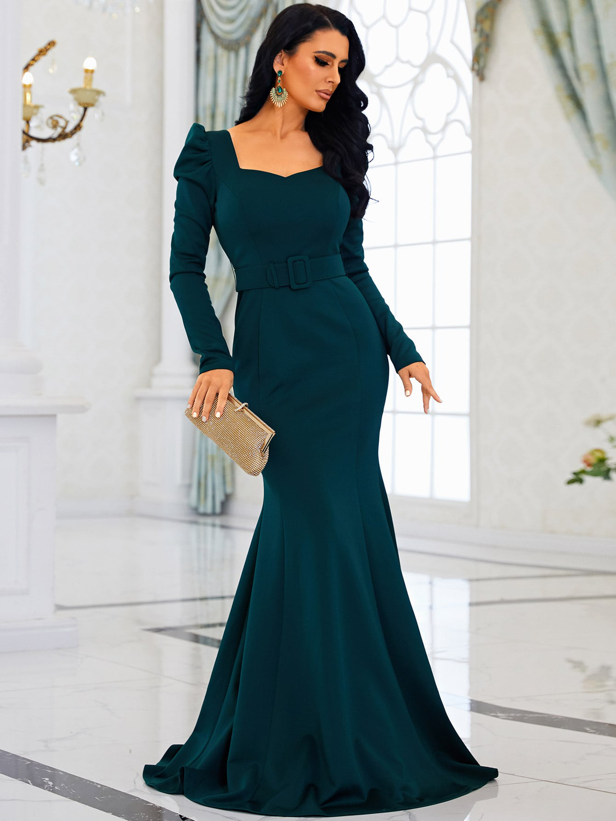 Sweetheart Neck Puff Sleeve Belted Maxi Formal Dress