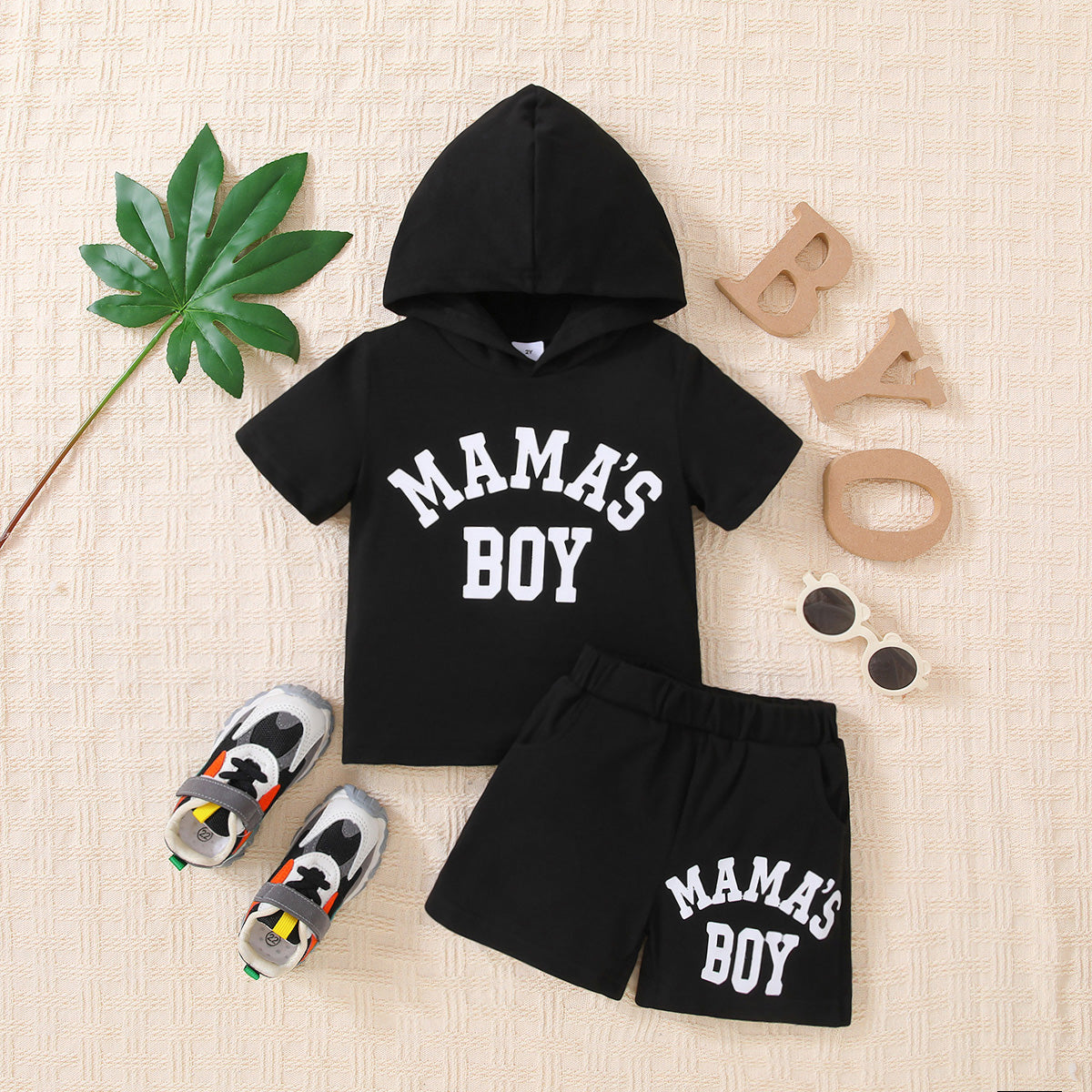 Kids MAMA&#39;S BOY Graphic Short Sleeve Hoodie and Shorts Set
