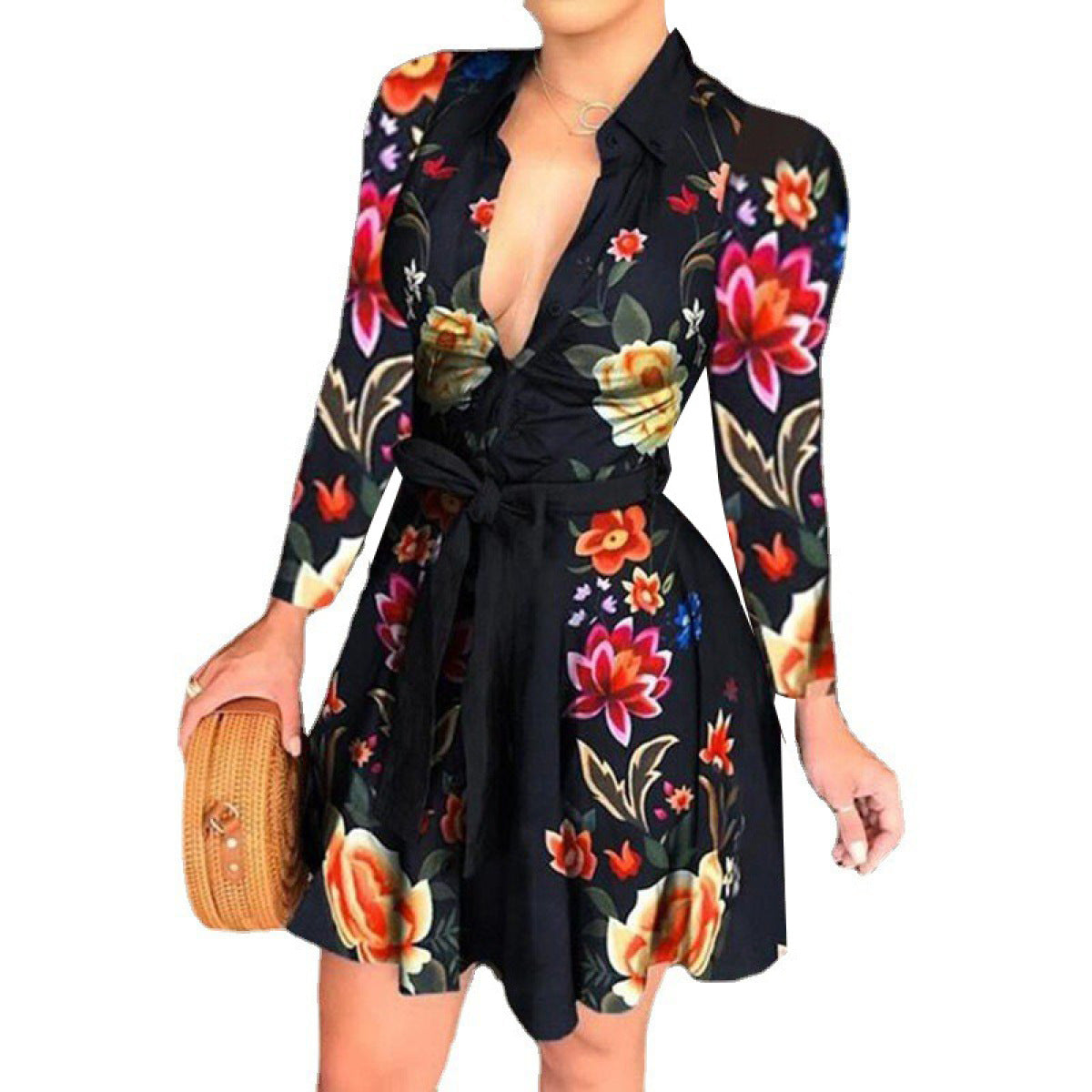 Floral Print Collared Single-Breasted Long-Sleeved Mini Dresses