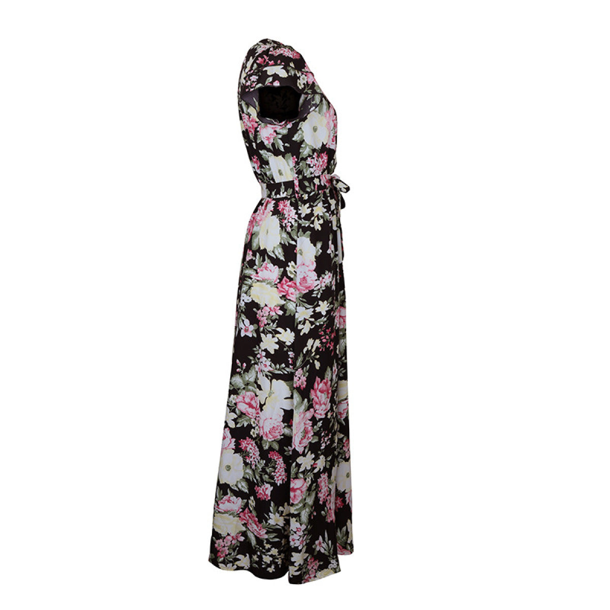 Floral Folded V-neck Tiered Seeve Slit Dress