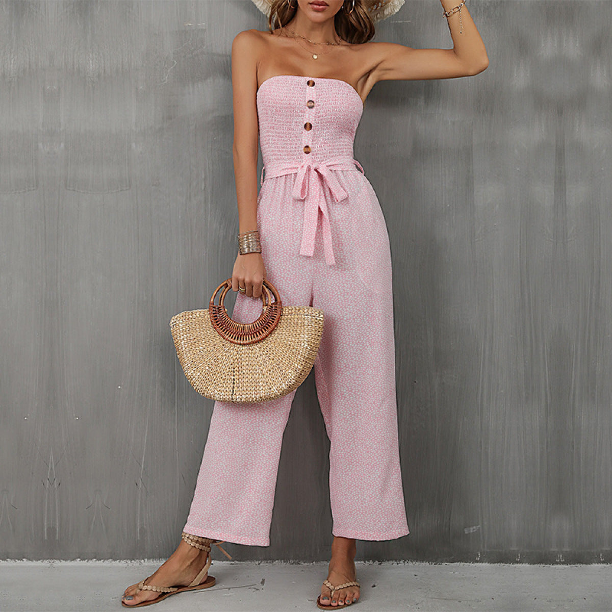 Strapless Smocked Buttoned Tie Waist Jumpsuit