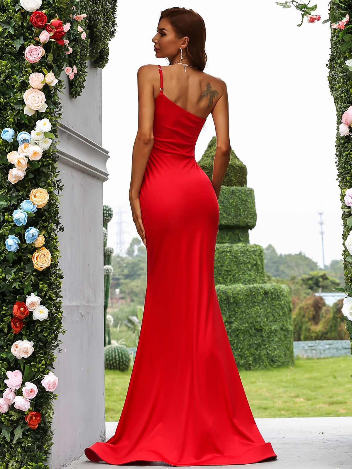 One Shoulder Split Thigh Floor Length Prom Dress