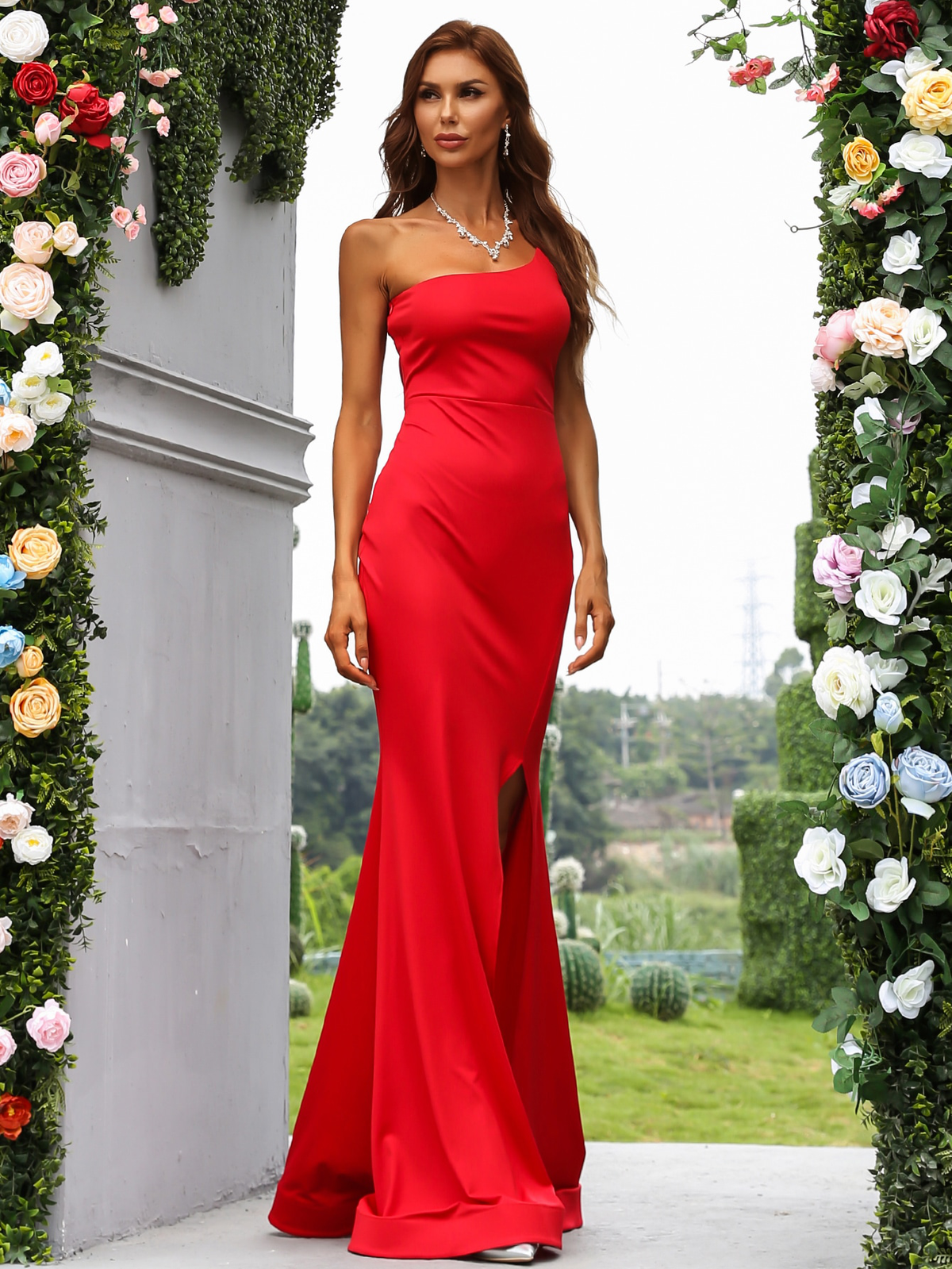 One Shoulder Split Thigh Floor Length Prom Dress