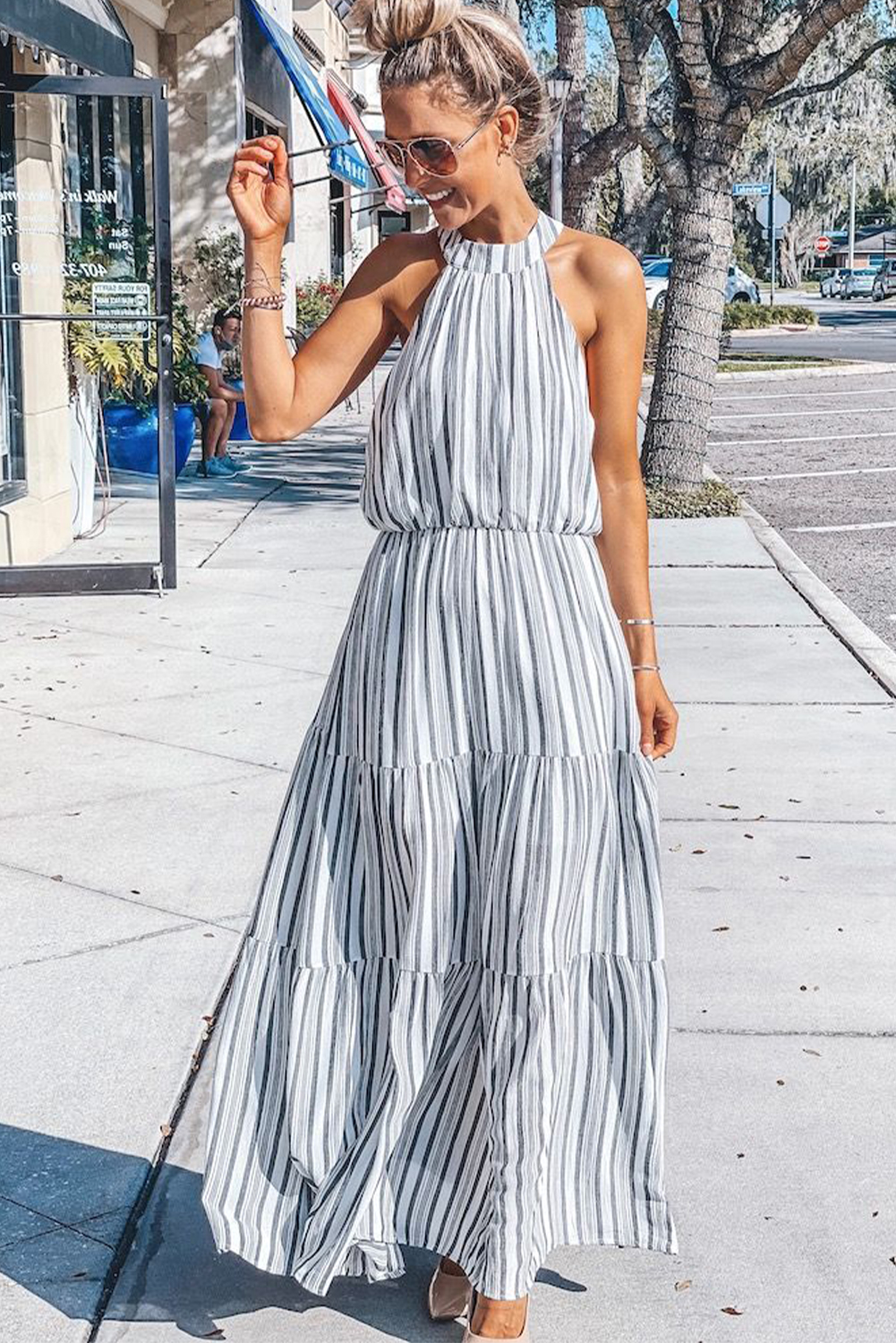 Halter Neck Sleeveless Cutout Tiered Striped Maxi Dress