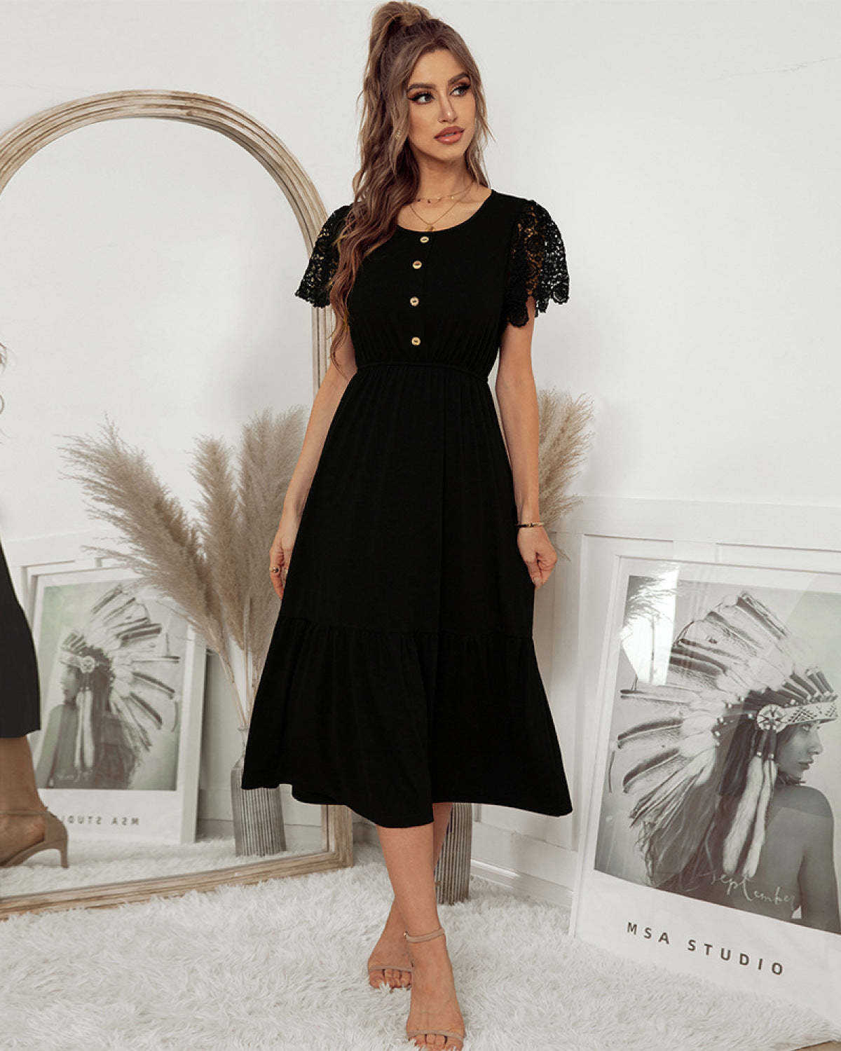 Round Neck Sheer Lace Sleeve Solid Color X-line Midi Dress