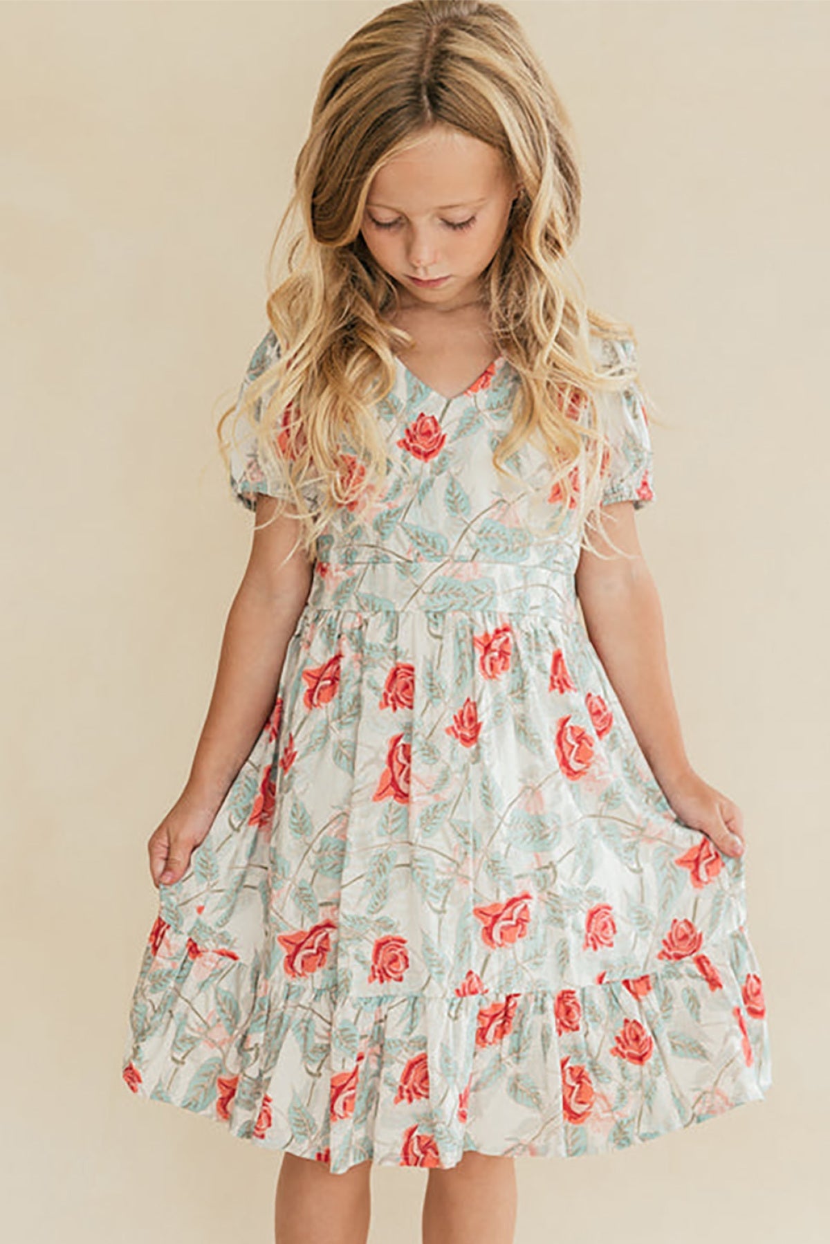 Red Little Girls Painted Rose Floral Dress