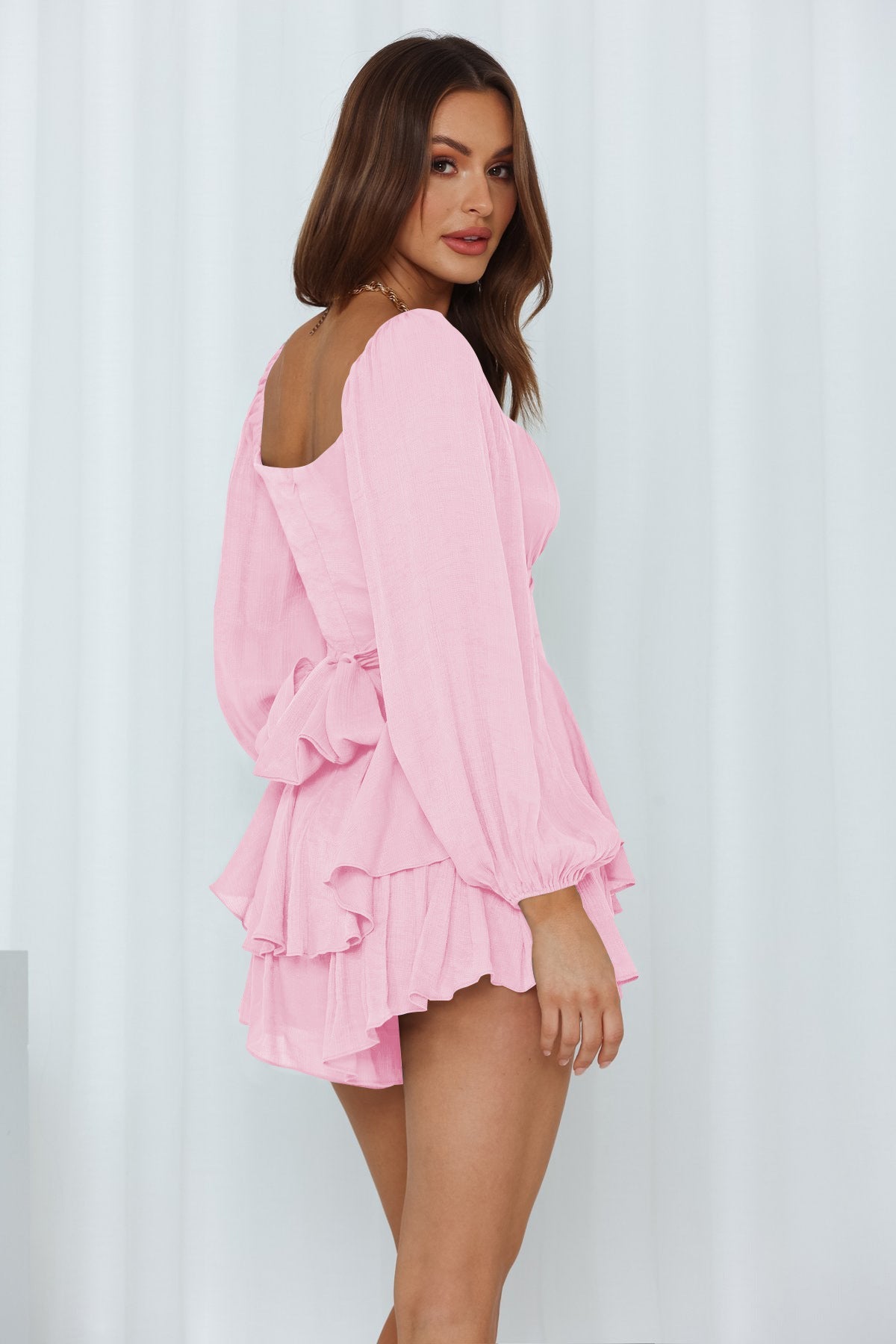 Solid Balloon Sleeve Back Tie Tiered Romper