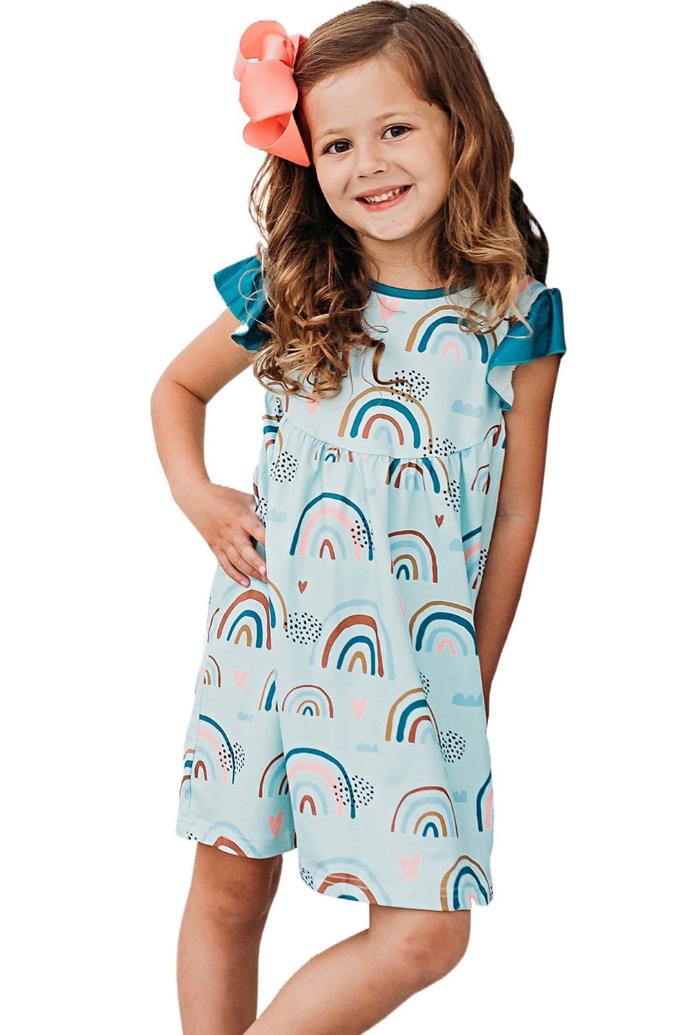 Sky Blue Graphic Print Ruffled Cap Sleeve Girl&#39;s Mini Dress