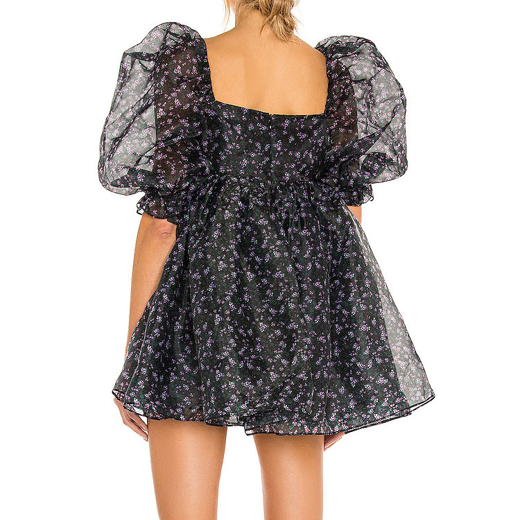 Women&#39;s Print Square Neck Puff Sleeves High-Waisted Fluffy Dress
