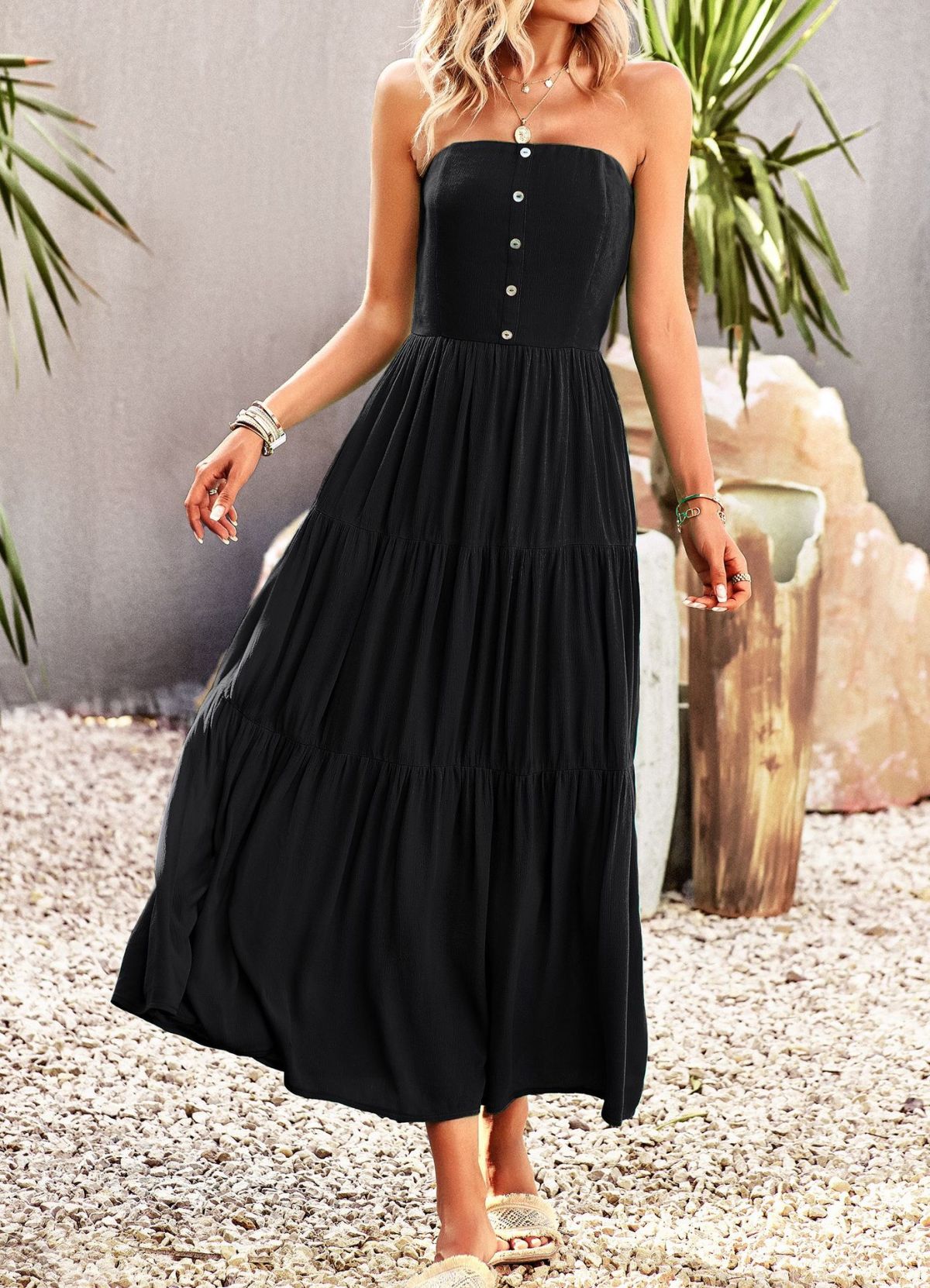 Strapless Buttoned Pleated Tiered Dress With Pocket