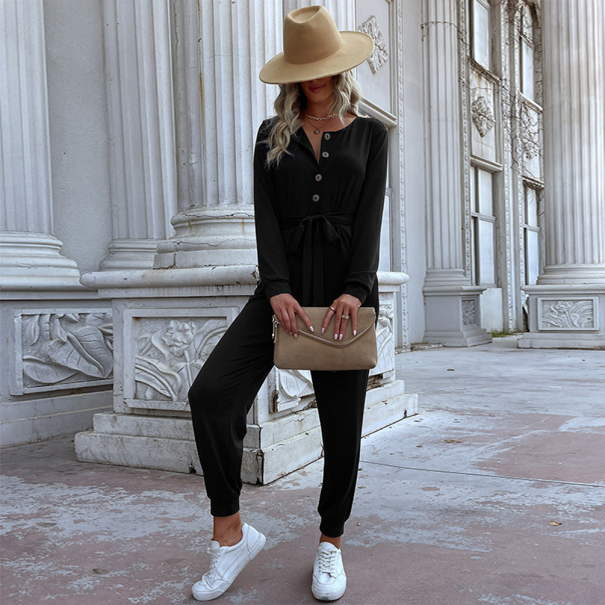 Casual V-Neck Button Down Long-Sleeved Jumpsuit
