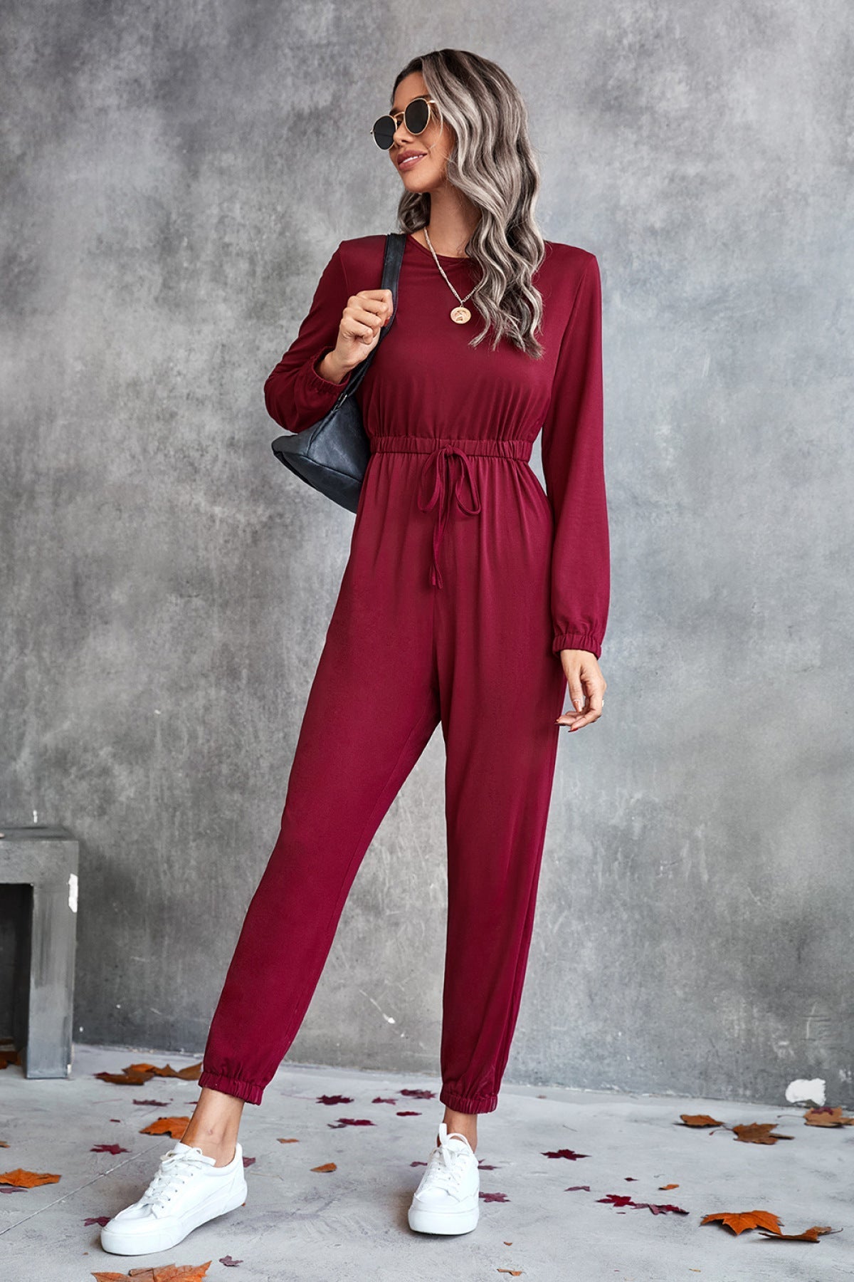 Casual Long-Sleeved Elastic Tie Front Jumpsuit