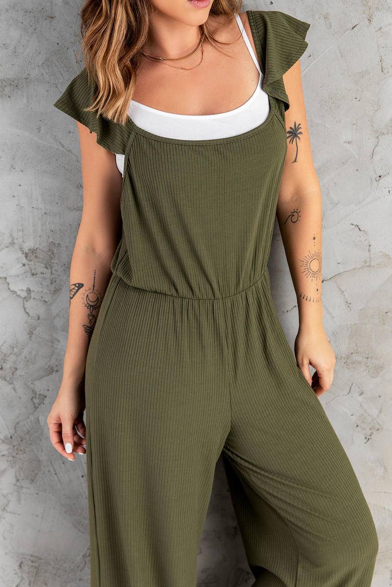 Ruffle Sleeves Ribbed Knit Wide Leg Jumpsuit