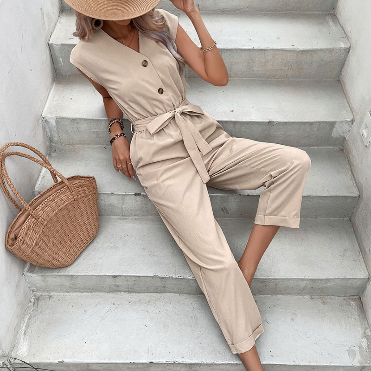 Solid Button V-Neck Jumpsuits With Belt