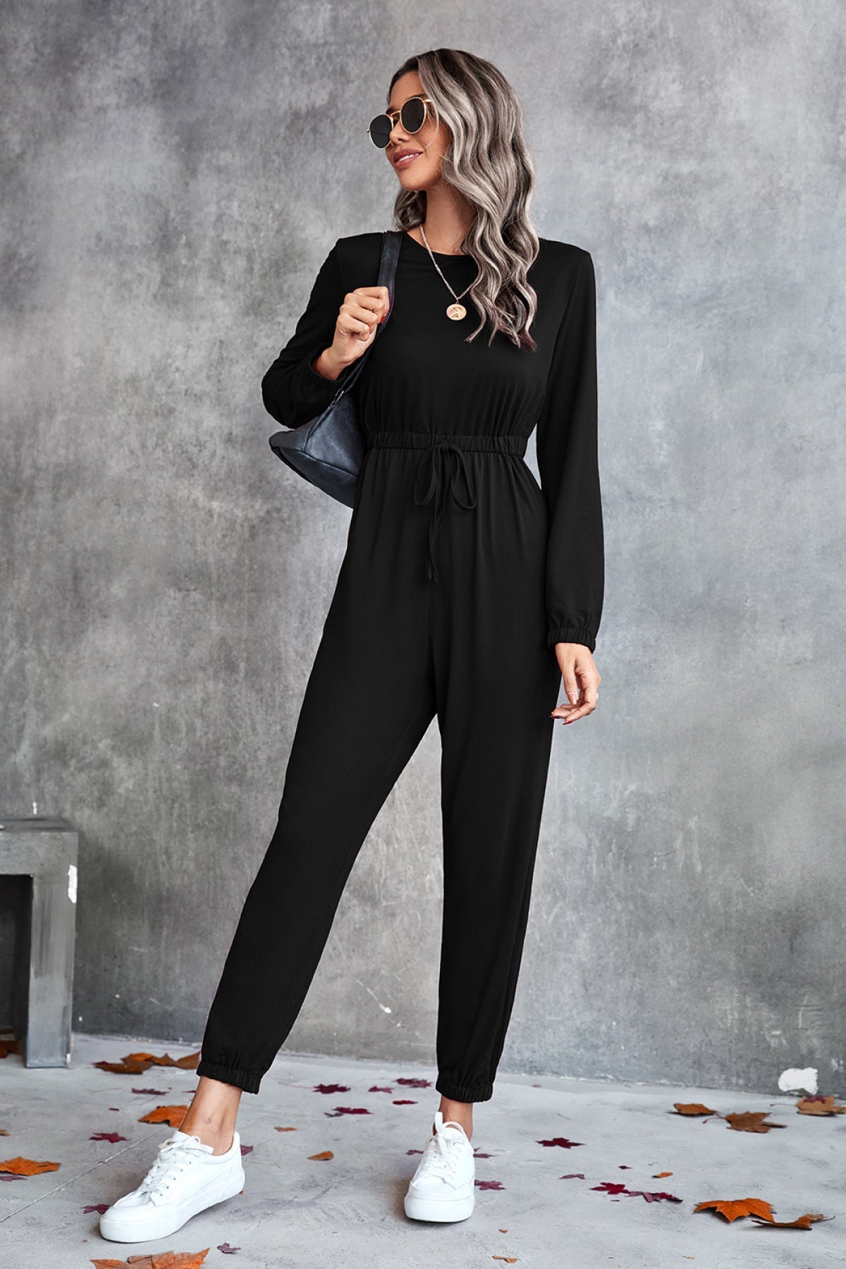 Casual Long-Sleeved Elastic Tie Front Jumpsuit