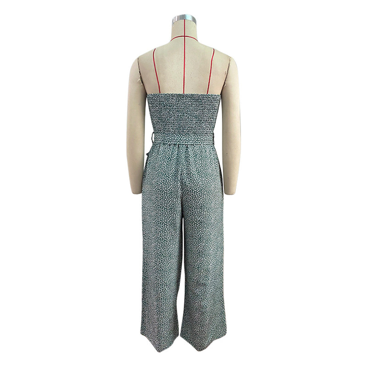 Strapless Smocked Buttoned Tie Waist Jumpsuit
