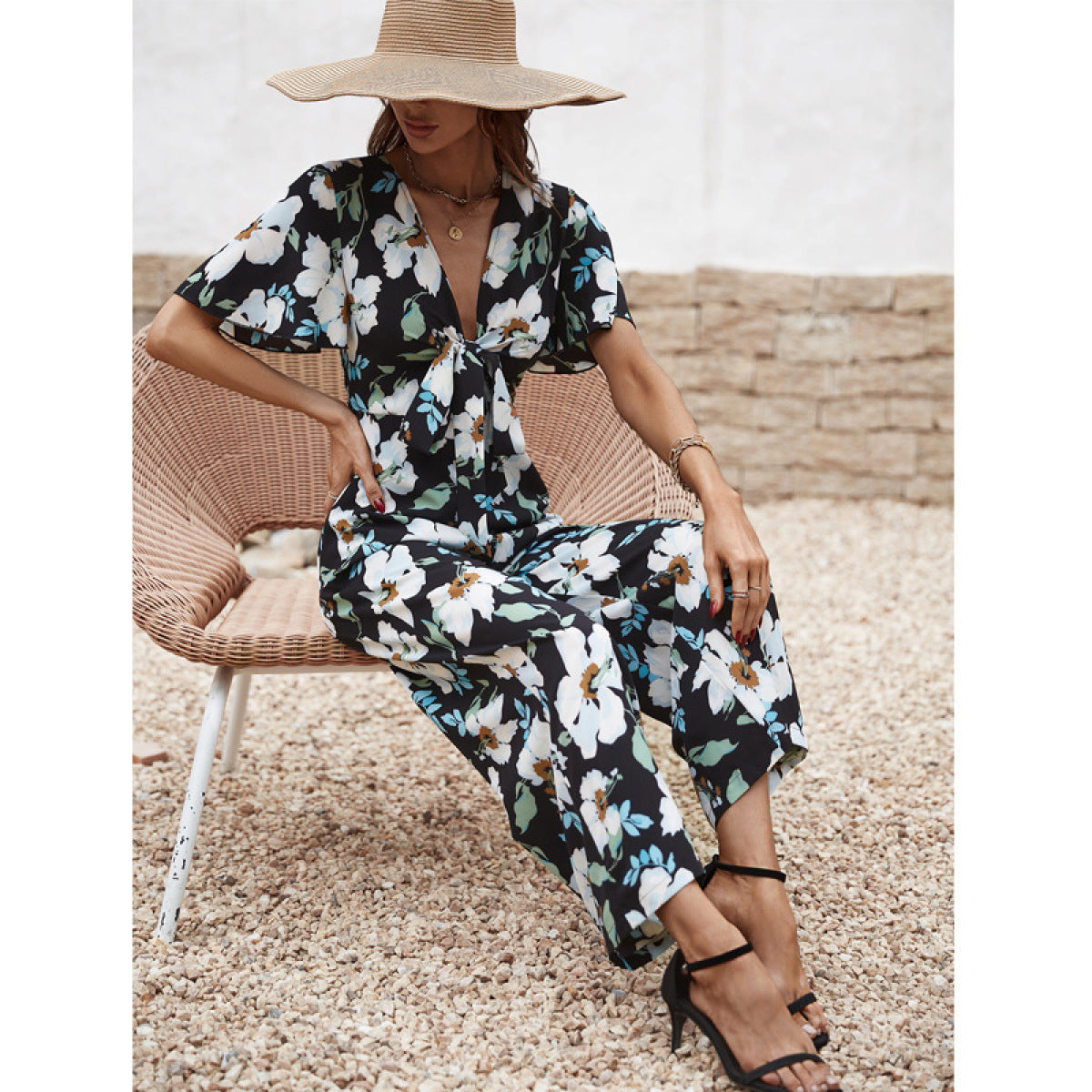 Deep V Flare Sleeve Knot Front Floral Jumpsuit