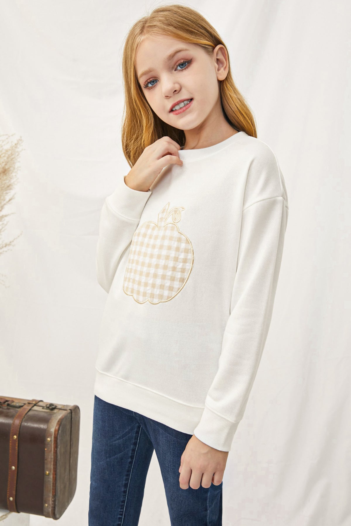 White Plaid Pumpkin Print Girls Pullover Sweatshirt