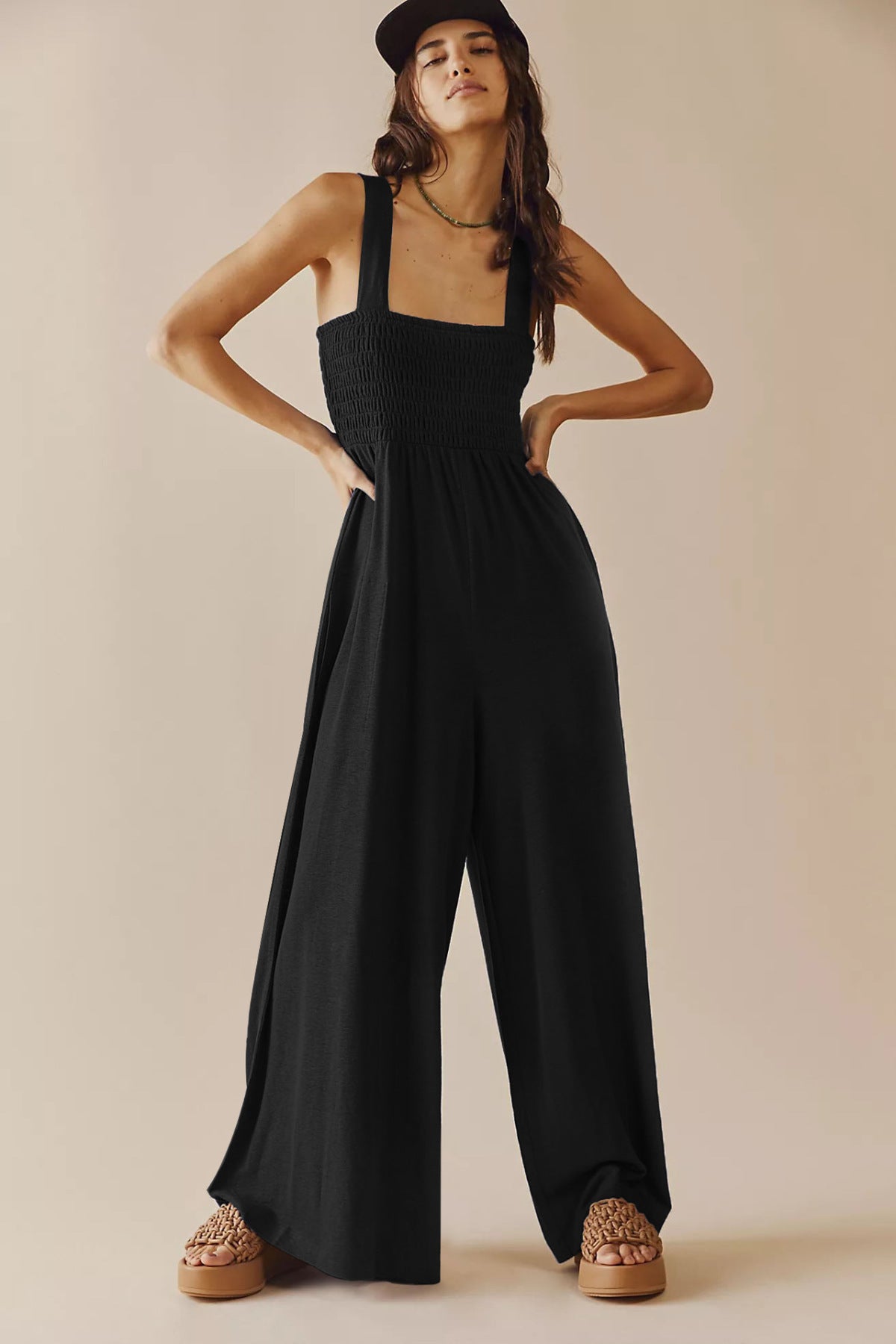 Smocked Solid Color Strap Jumpsuit with Pockets