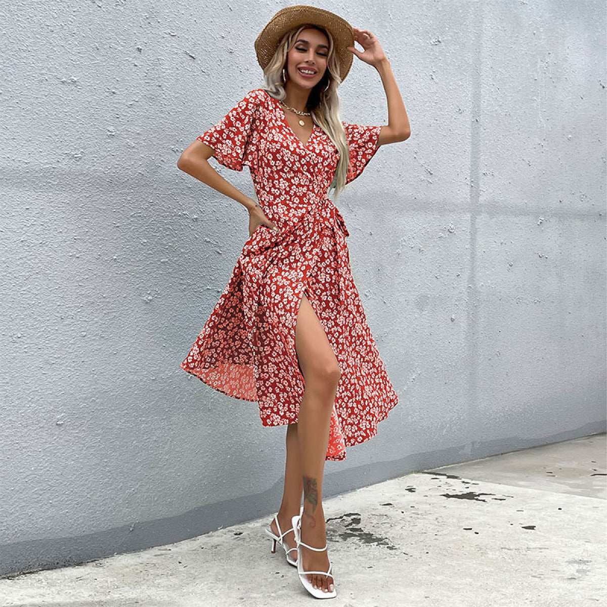 Ditsy Floral Surplice Tie-Waist Dress