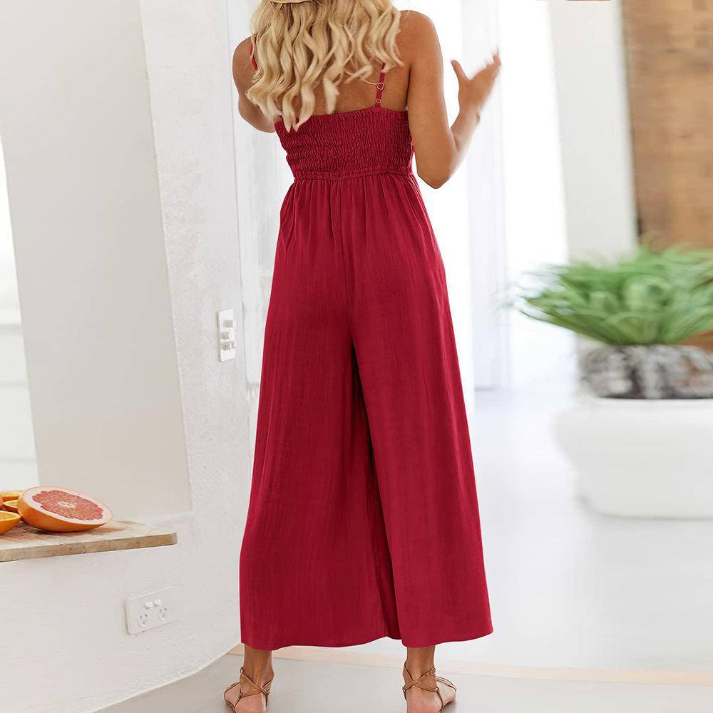 Plain Cut Out Gathering Camisole Jumpsuits With Pockets