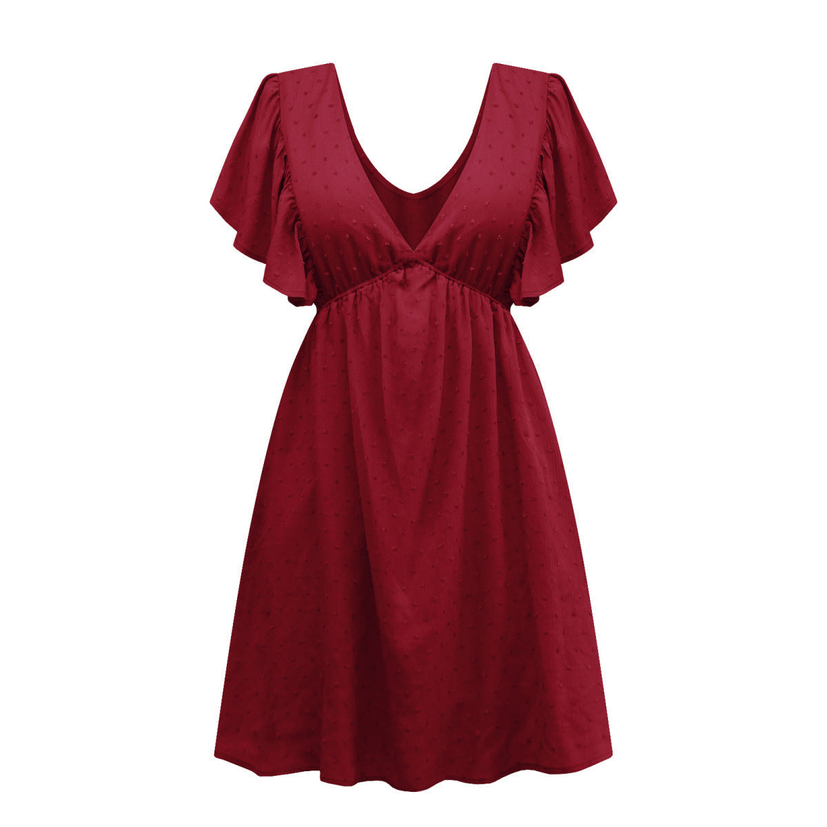 Deep V Ruffle Sleeve Solid Color A-line Mini Dress