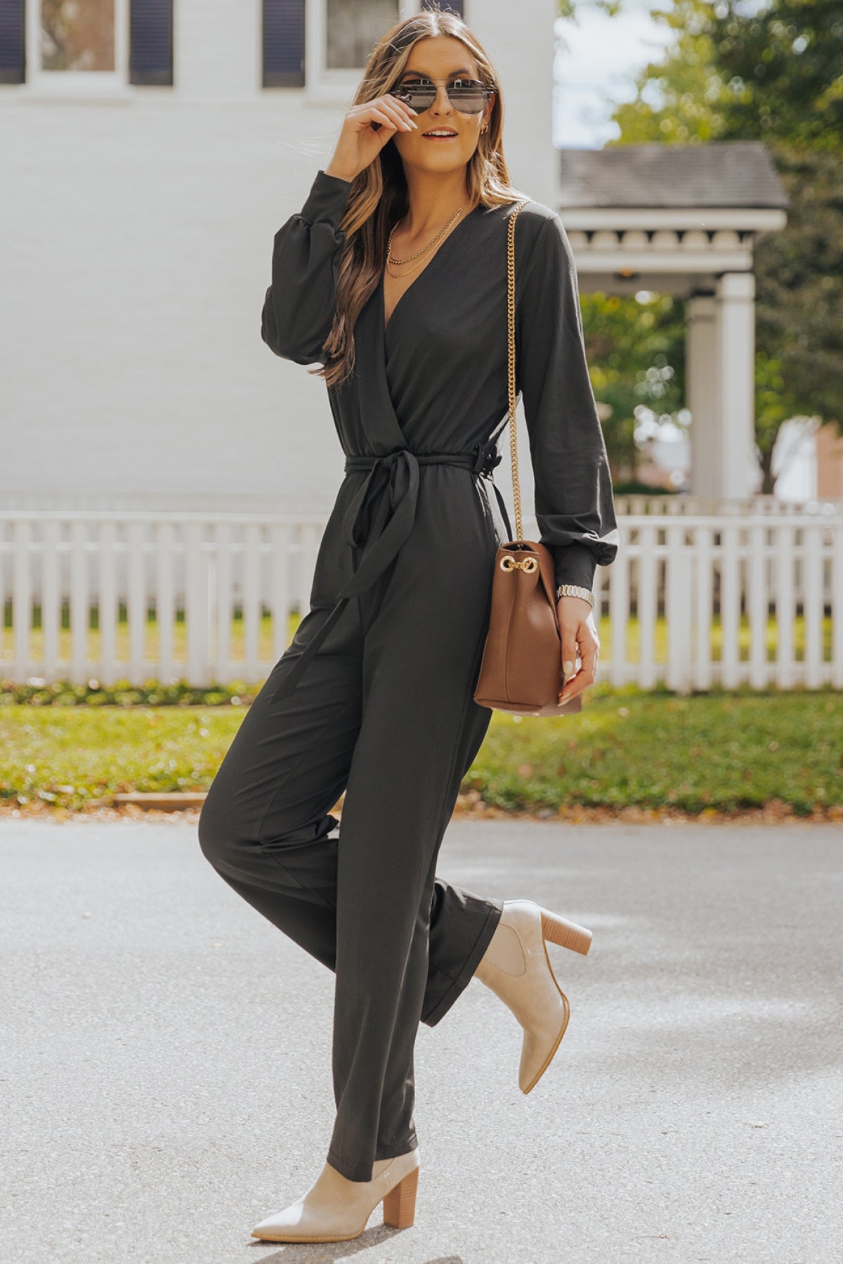 Black V Neck Wrap Waist Tie Long Sleeve Jumpsuit