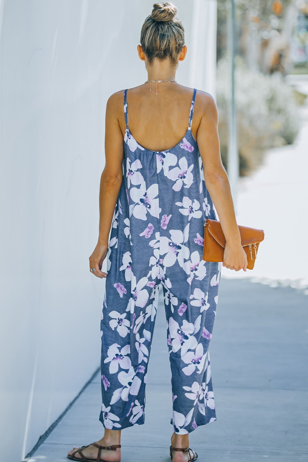 Palm Leaves Print Spaghetti Strap Wide Leg Jumpsuit