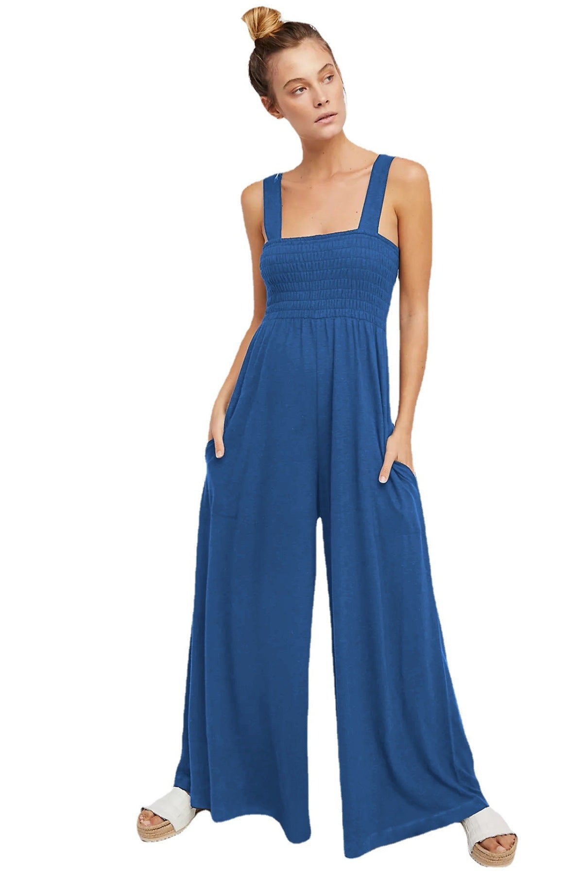 Smocked Solid Color Strap Jumpsuit with Pockets