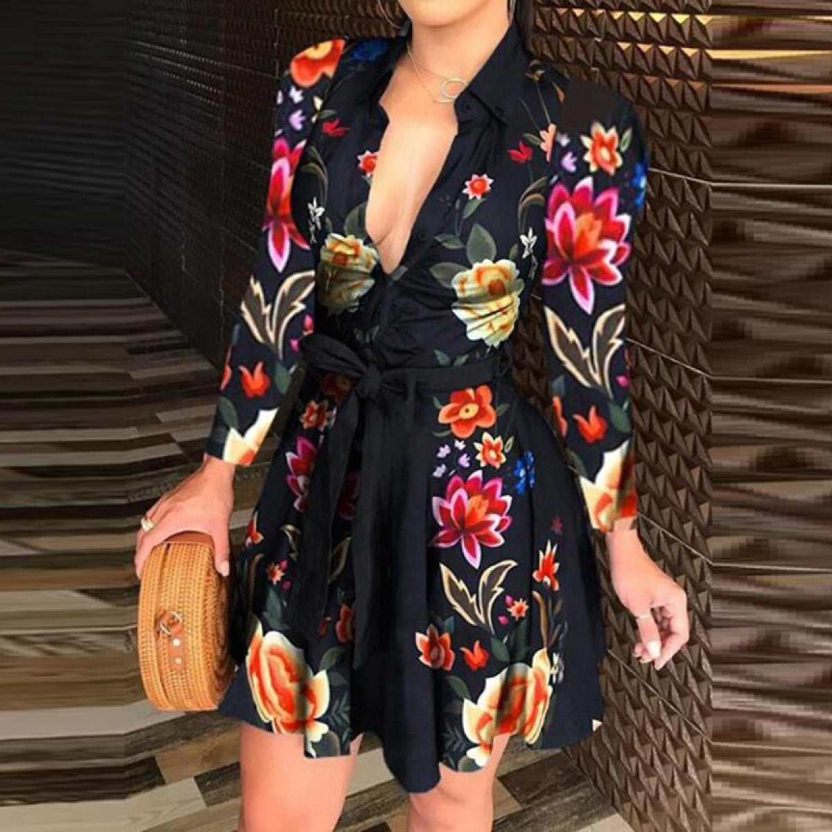 Floral Print Collared Single-Breasted Long-Sleeved Mini Dresses