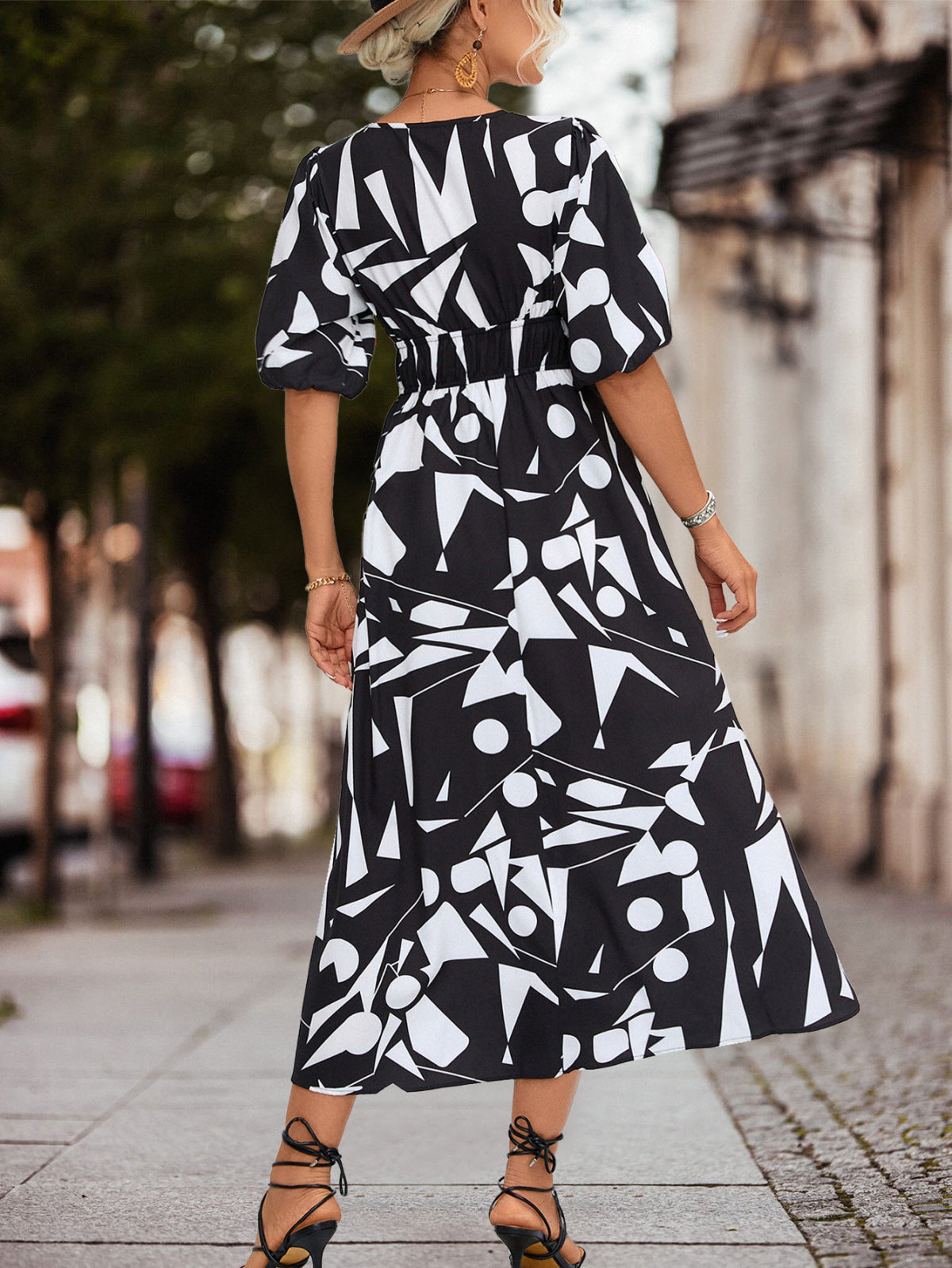 V-neck Puff Sleeve Abstract Print Maxi Dress