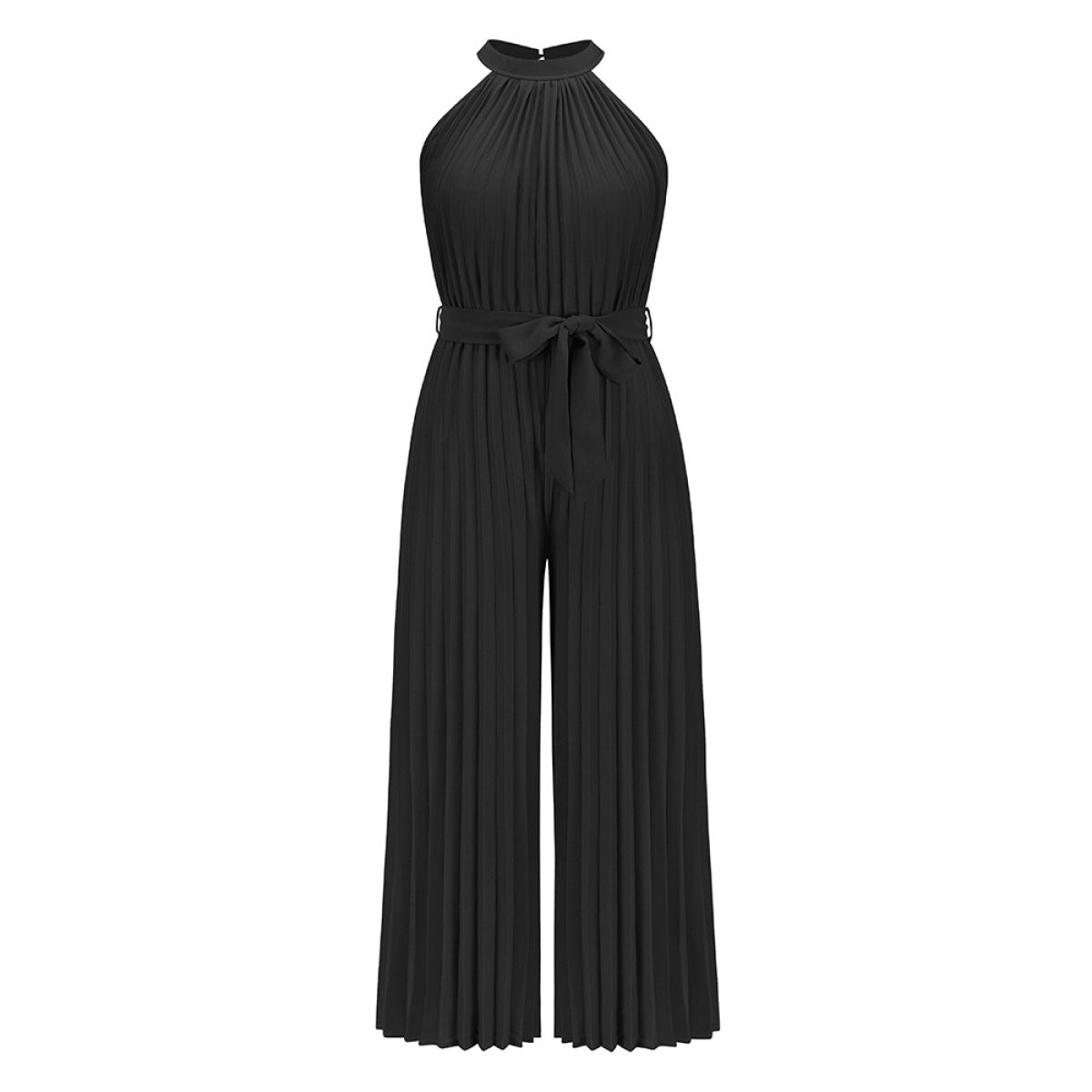 Solid Sleeveless Pleated Jumpsuit with Belt