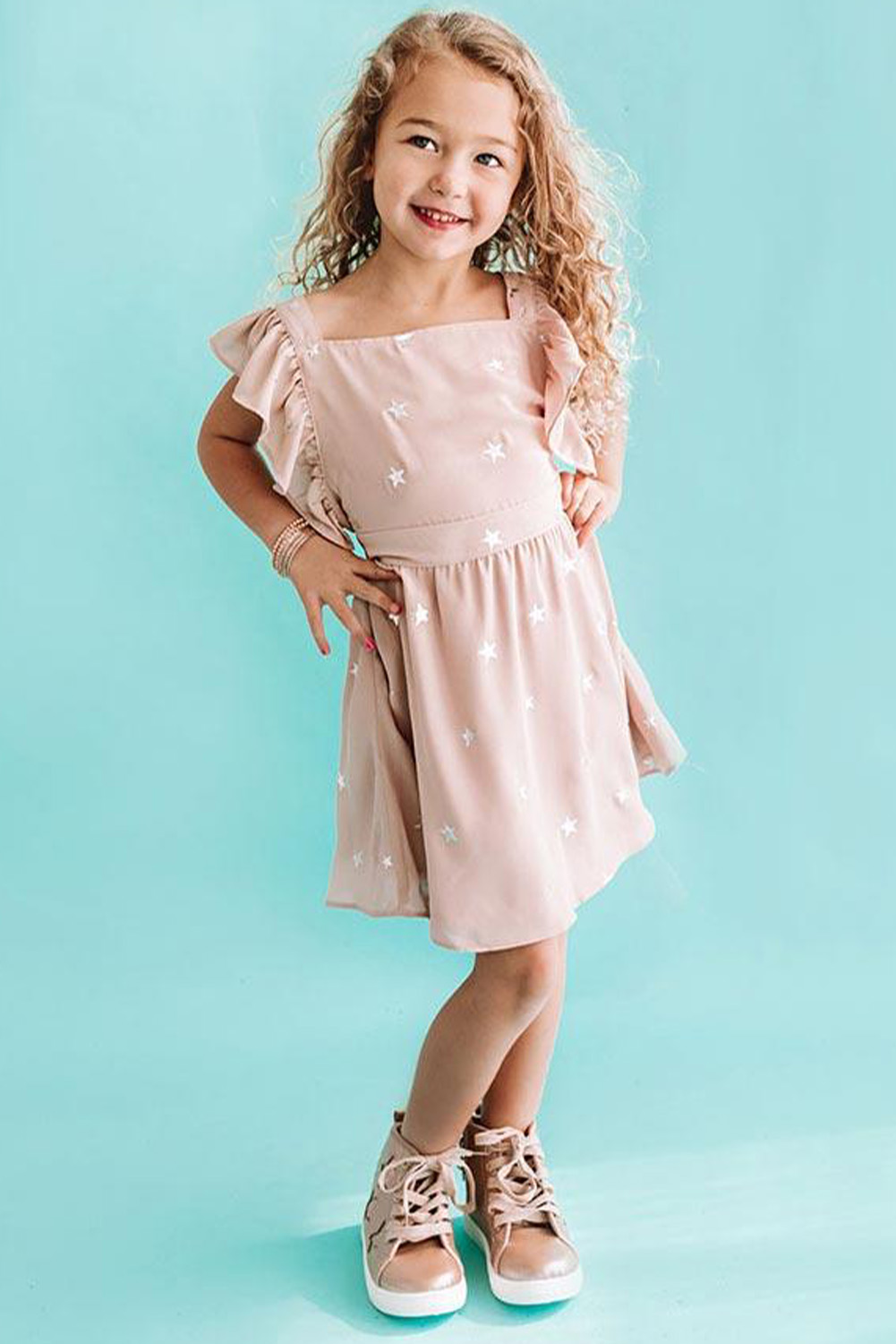 Pink Star Print Criss Cross Flounce Sleeve Girl&#39;s Mini Dress