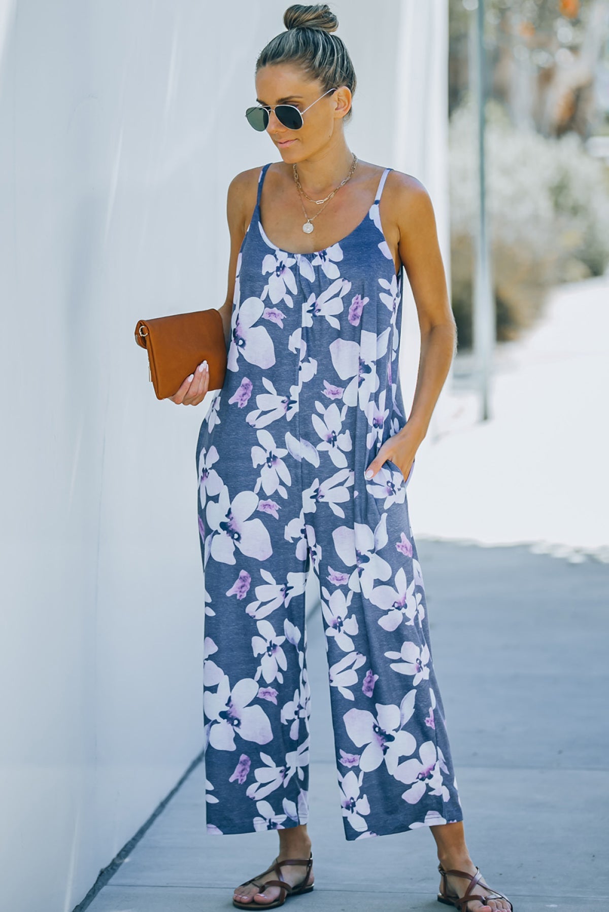 Palm Leaves Print Spaghetti Strap Wide Leg Jumpsuit