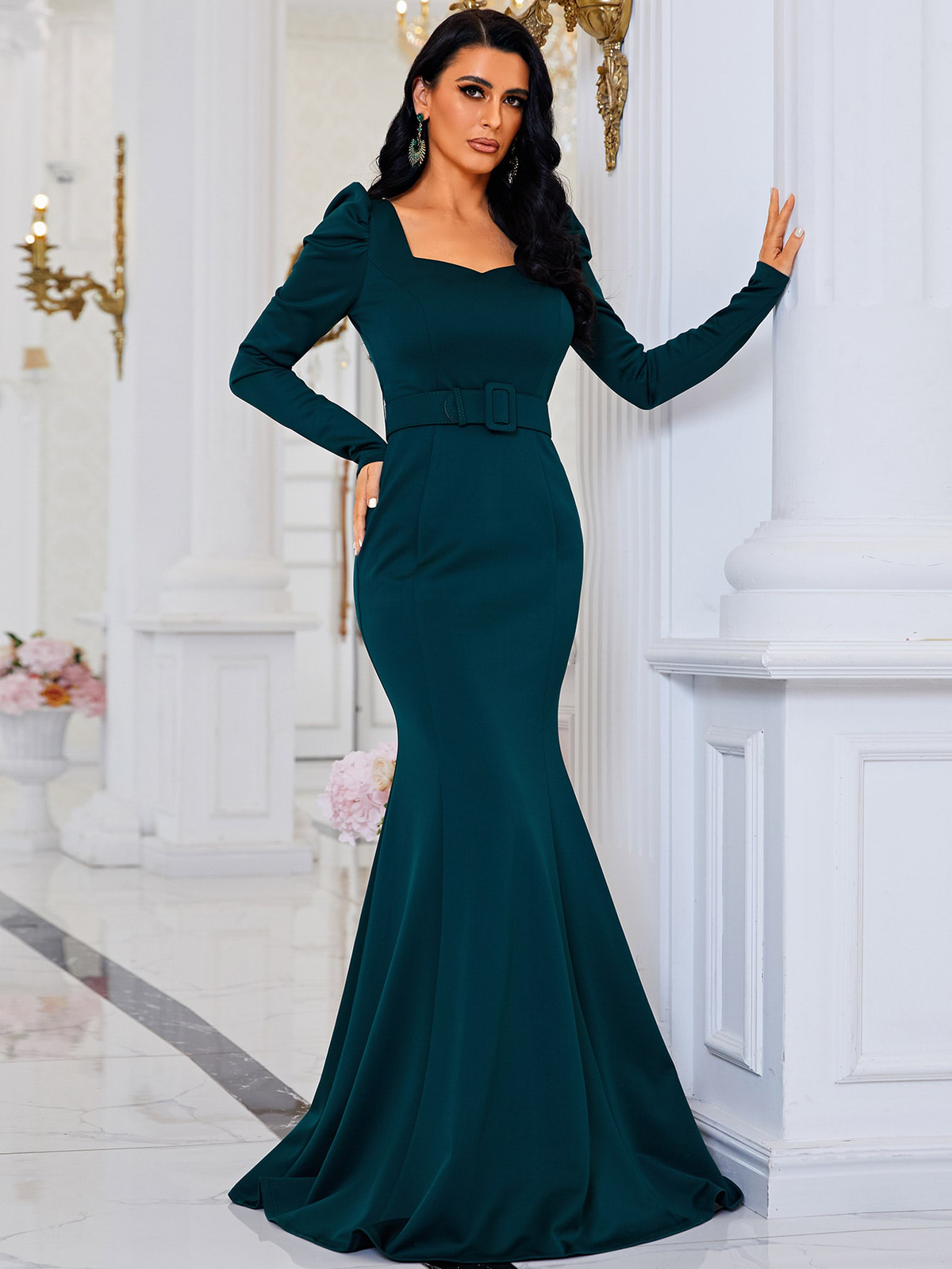 Sweetheart Neck Puff Sleeve Belted Maxi Formal Dress