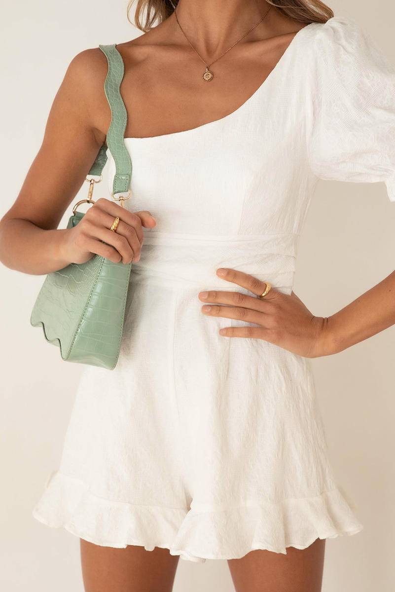 One-Shoulder Puff Sleeves Romper With Ruffle Trim