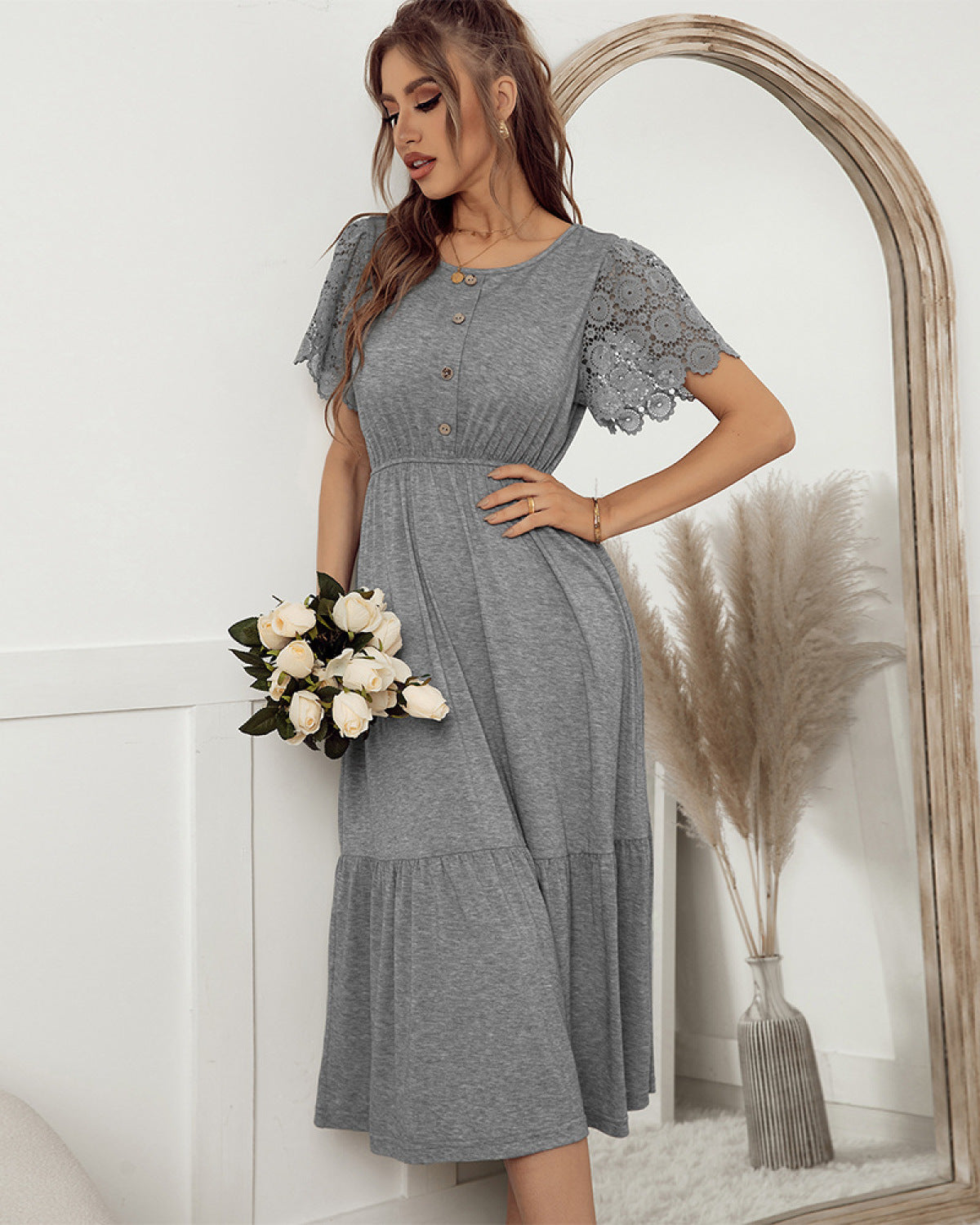 Round Neck Sheer Lace Sleeve Solid Color X-line Midi Dress