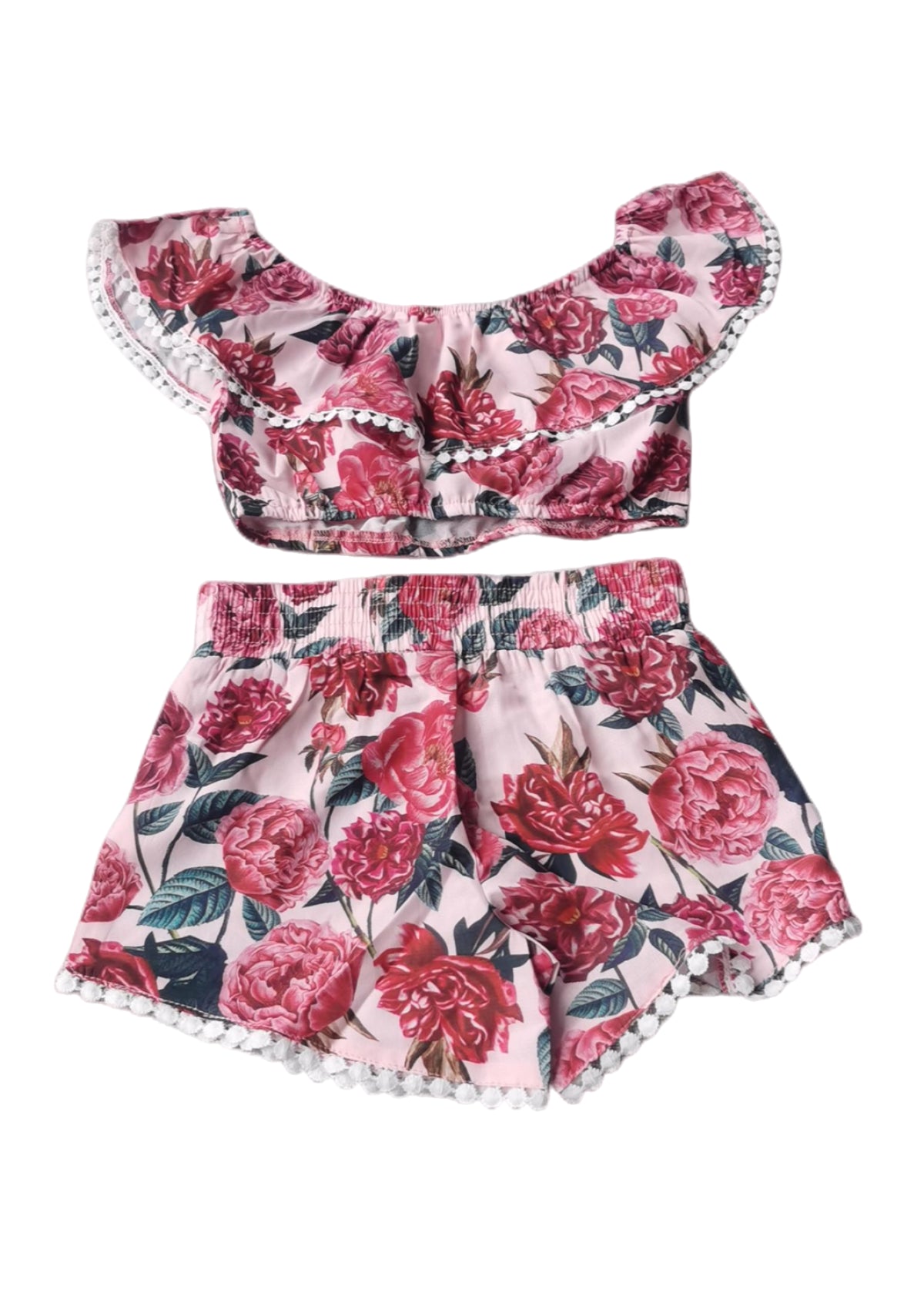 Red Little Girl Floral Ruffled Top And Shorts Set
