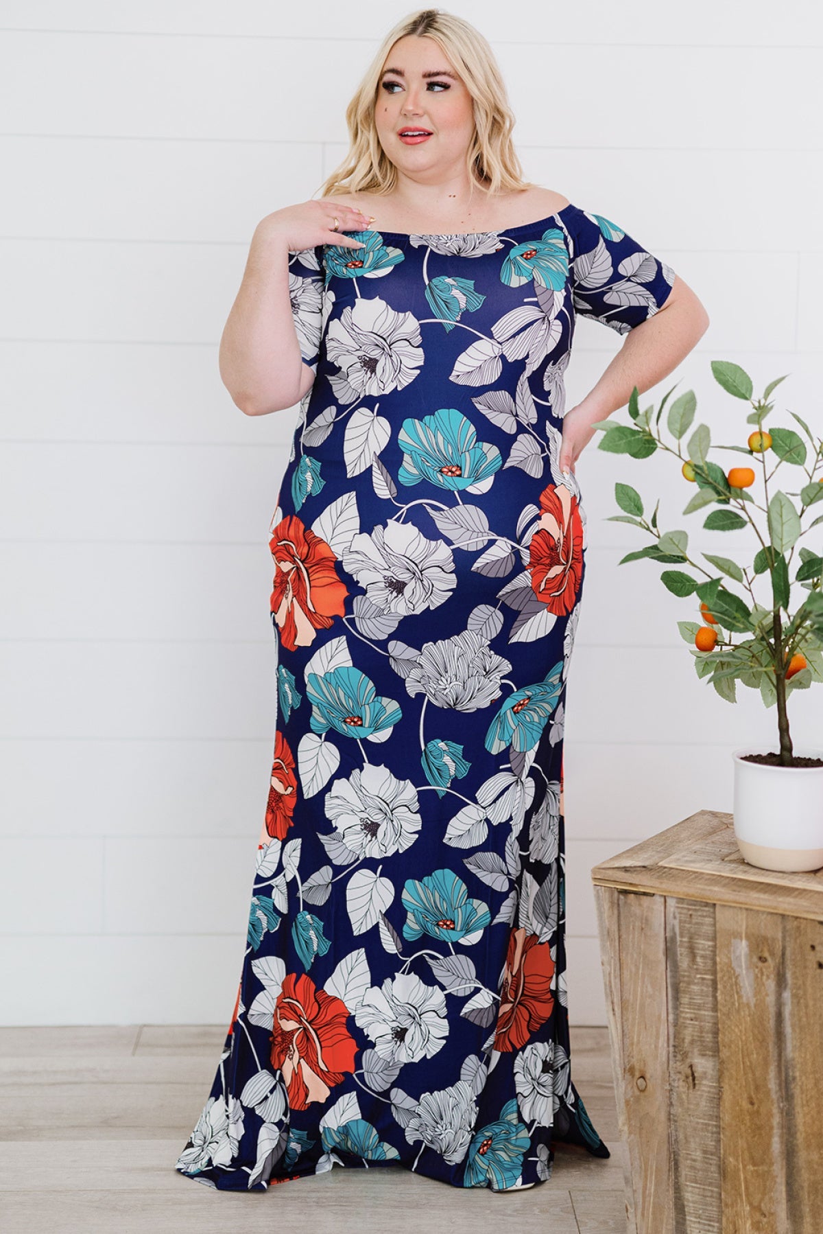 Off-the-shoulder Floral Print Plus size Maxi Dress