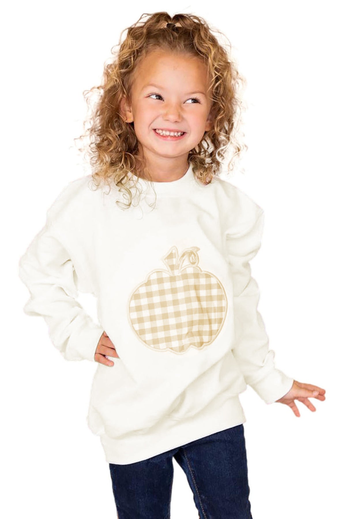 White Plaid Pumpkin Print Girls Pullover Sweatshirt