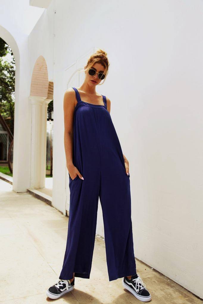 Solid Loose Strap Wide Leg Jumpsuit with Pockets