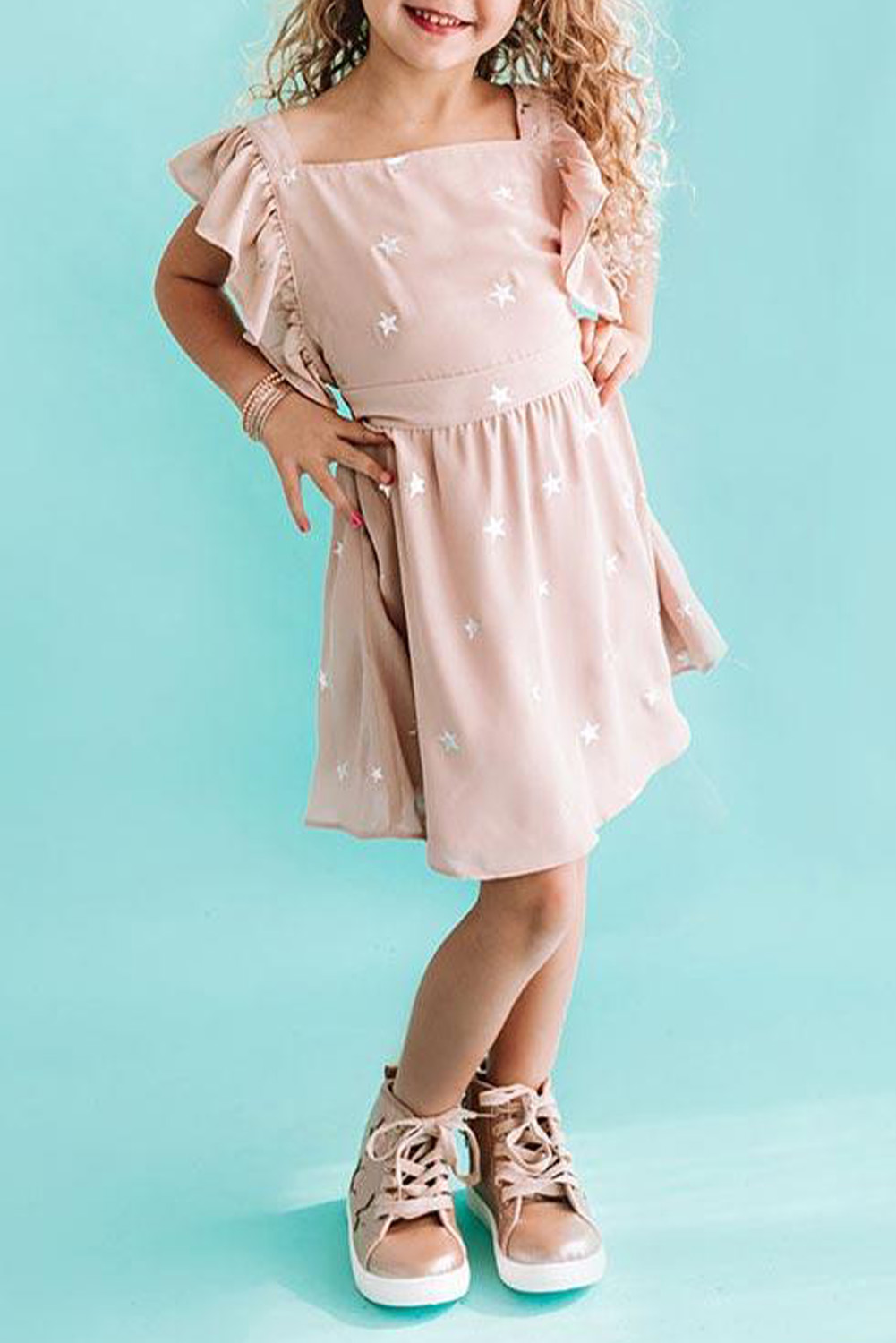 Pink Star Print Criss Cross Flounce Sleeve Girl&#39;s Mini Dress