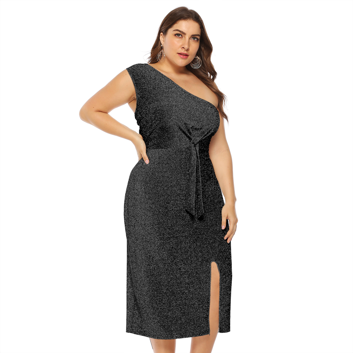 Plus Size Off-The-Shoulder Knotted Slit Dress