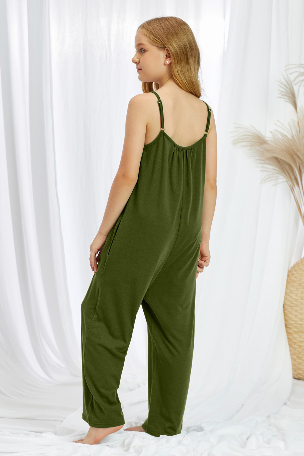 Green Spaghetti Strap Wide Leg Girl&#39;s Jumpsuit With Pocket