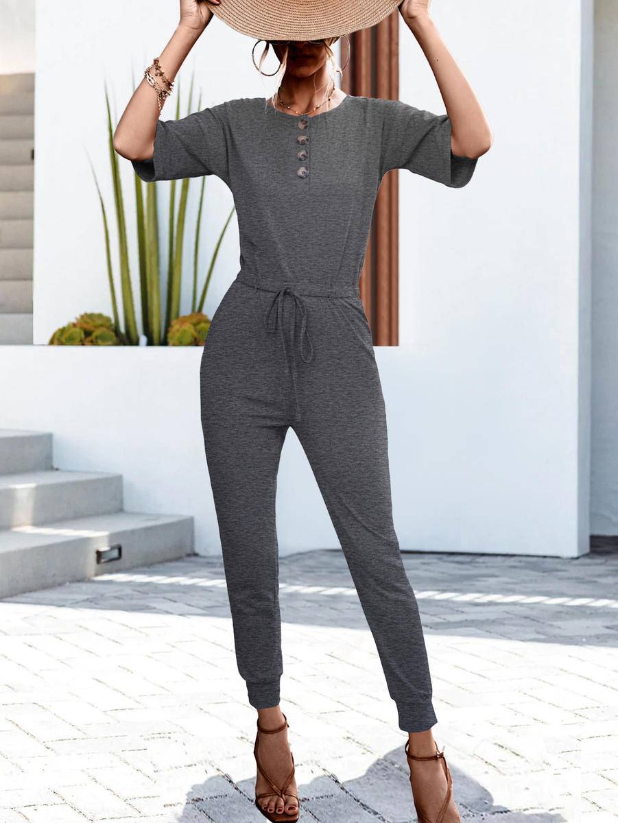 Solid Henley Neck Tie Waist Jumpsuit