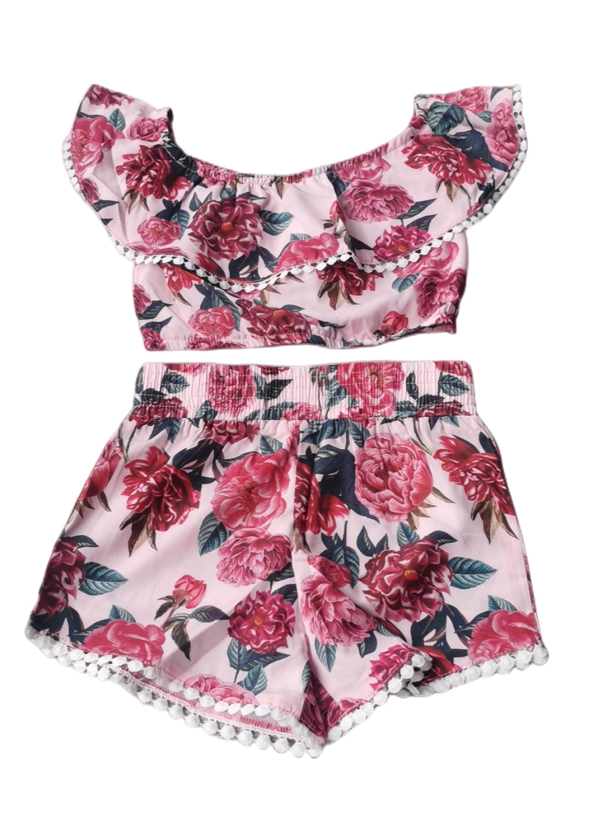 Red Little Girl Floral Ruffled Top And Shorts Set